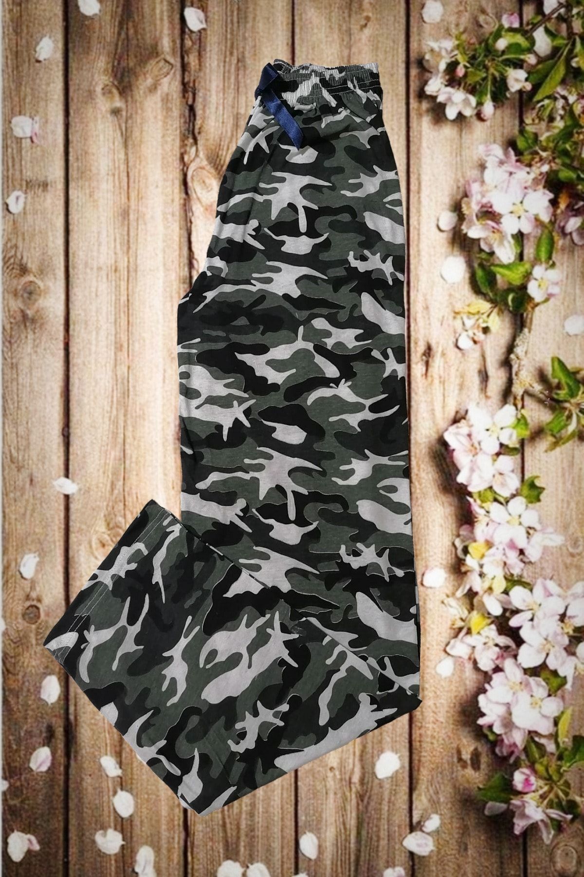 Usds Butik Kamuflaj Desenli Siyah Beyaz Penye Pijama Altı