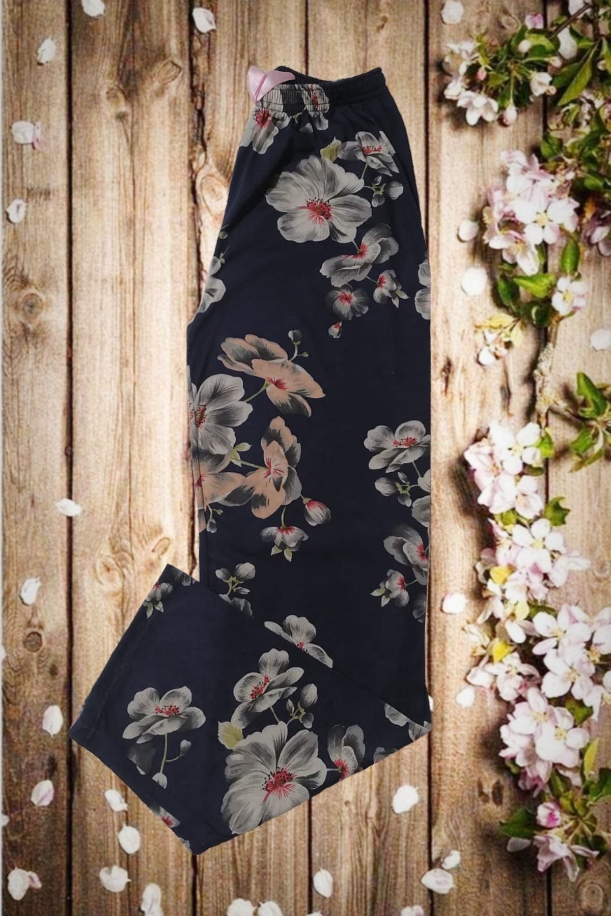 Usds Butik Lacivert Tropik Çiçekli Kadın Penye Pijama Altı
