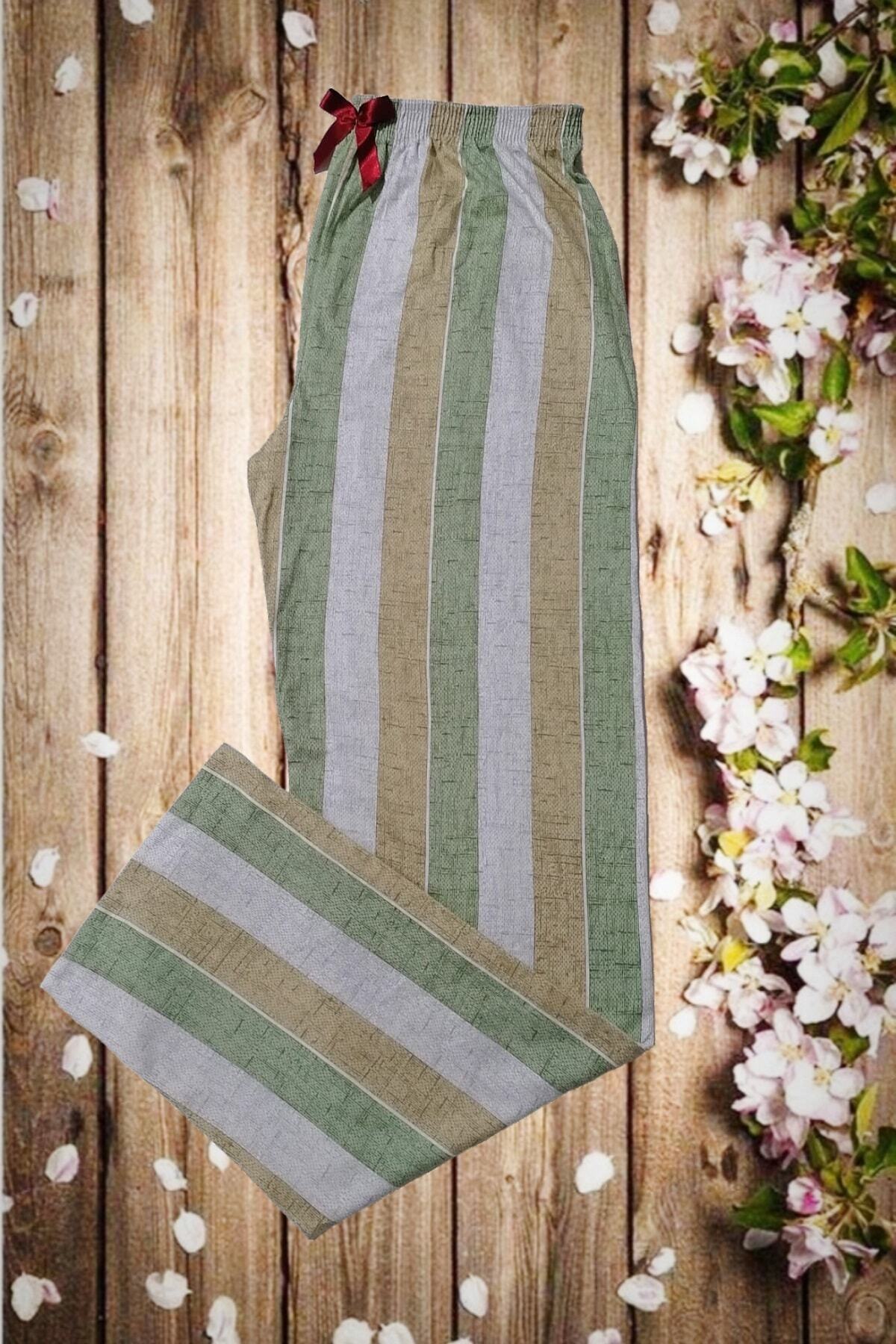 Usds Butik Kalın Çizgili Haki Kahve Penye Kadın Pijama Altı