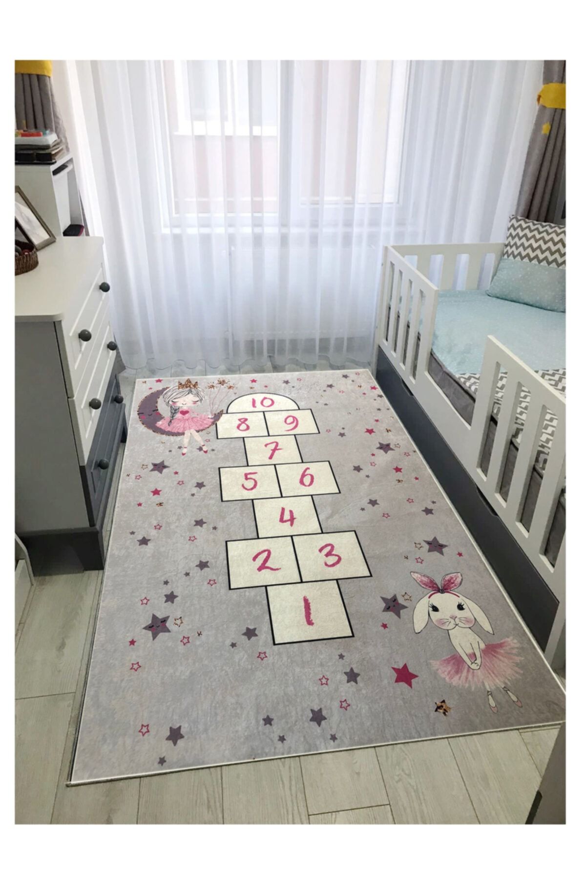 STY Home Seksek Çocuk Kaymaz Tabanlı Halı Makinede Yıkanabilir Halı Yolluk Gri