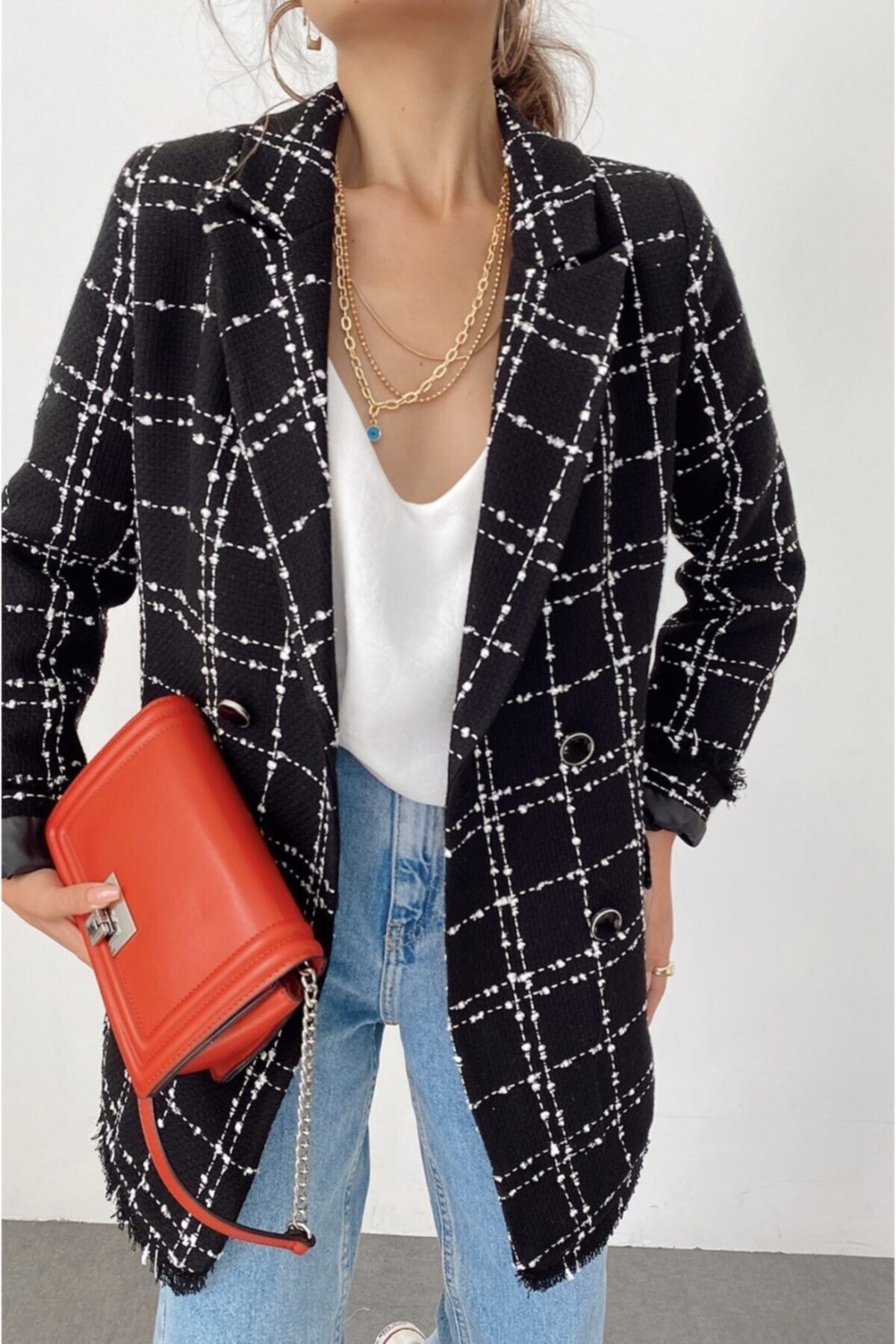PELİŞİN BUTİĞİ Kadın Siyah Beyaz Tüvit Astarlı Kruvaze Blazer Ceket