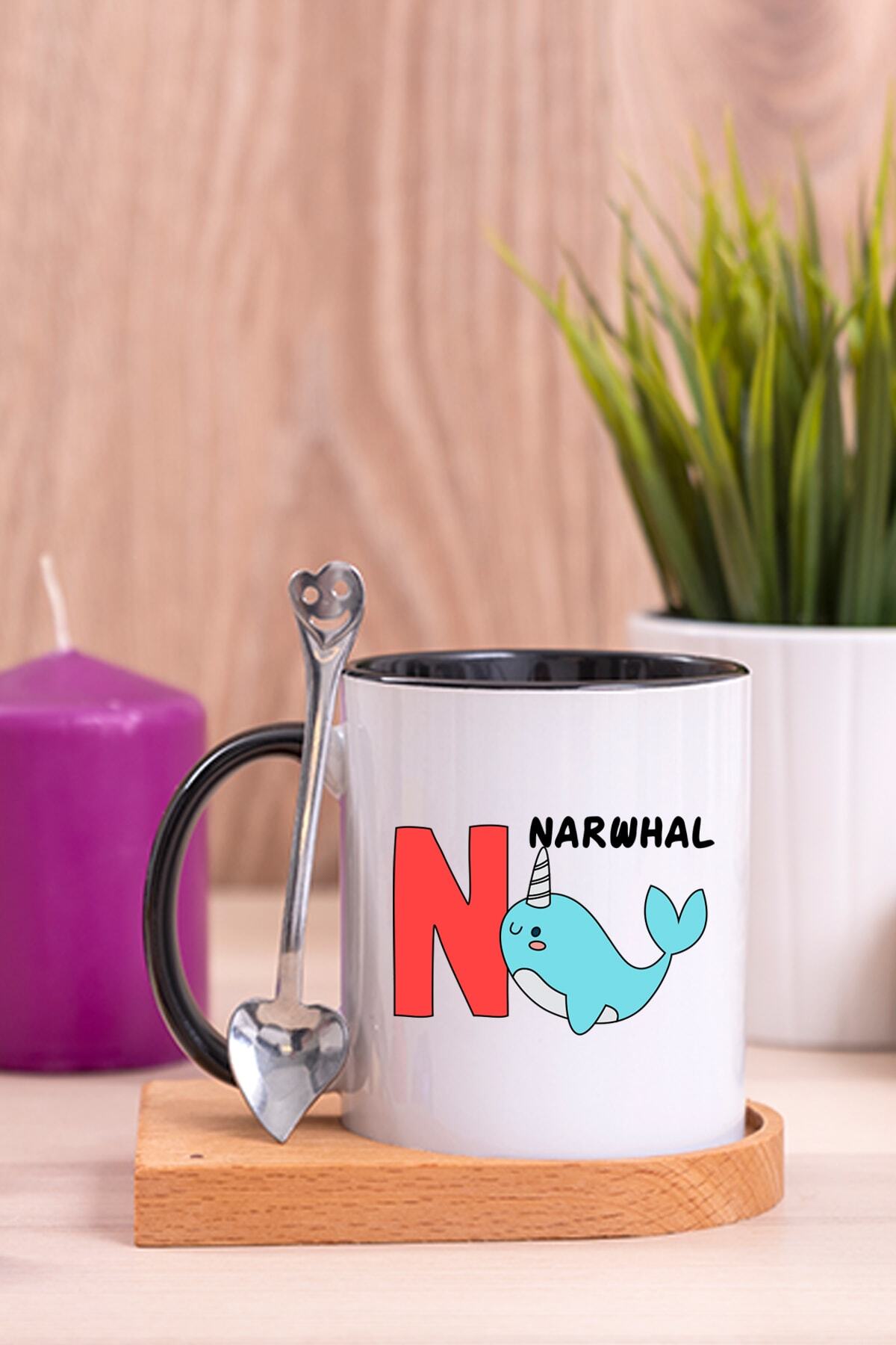 Procity Ingilizce Öğreniyorum N Harfi Çocuklara Özel Ahşap Altlıklı Kaşıklı Siyah Kupa Bardak