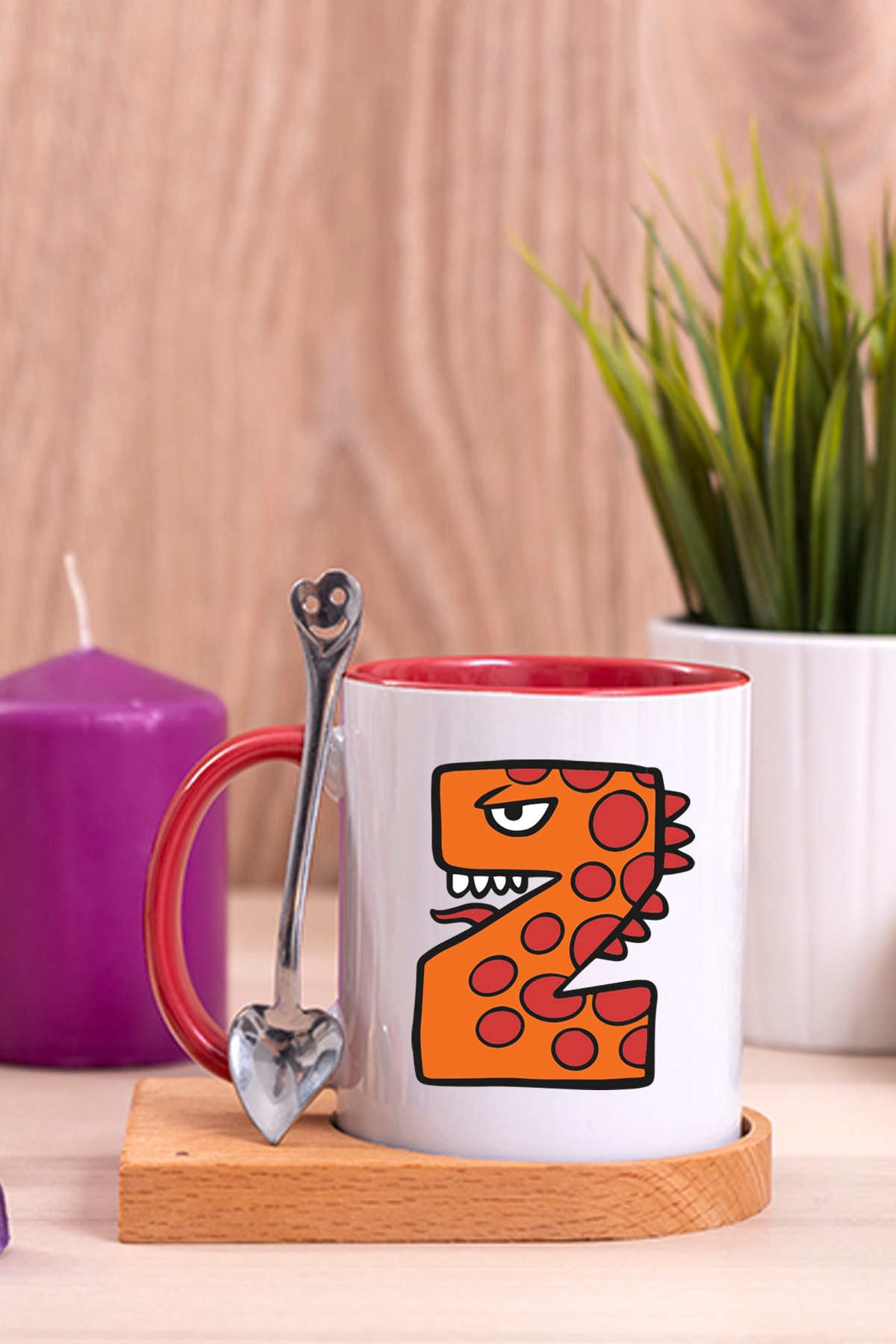 Procity Sevimli Canavarlar Z Harfi Çocuklara Özel Ahşap Altlıklı Kaşıklı Kırmızı Kupa Bardak