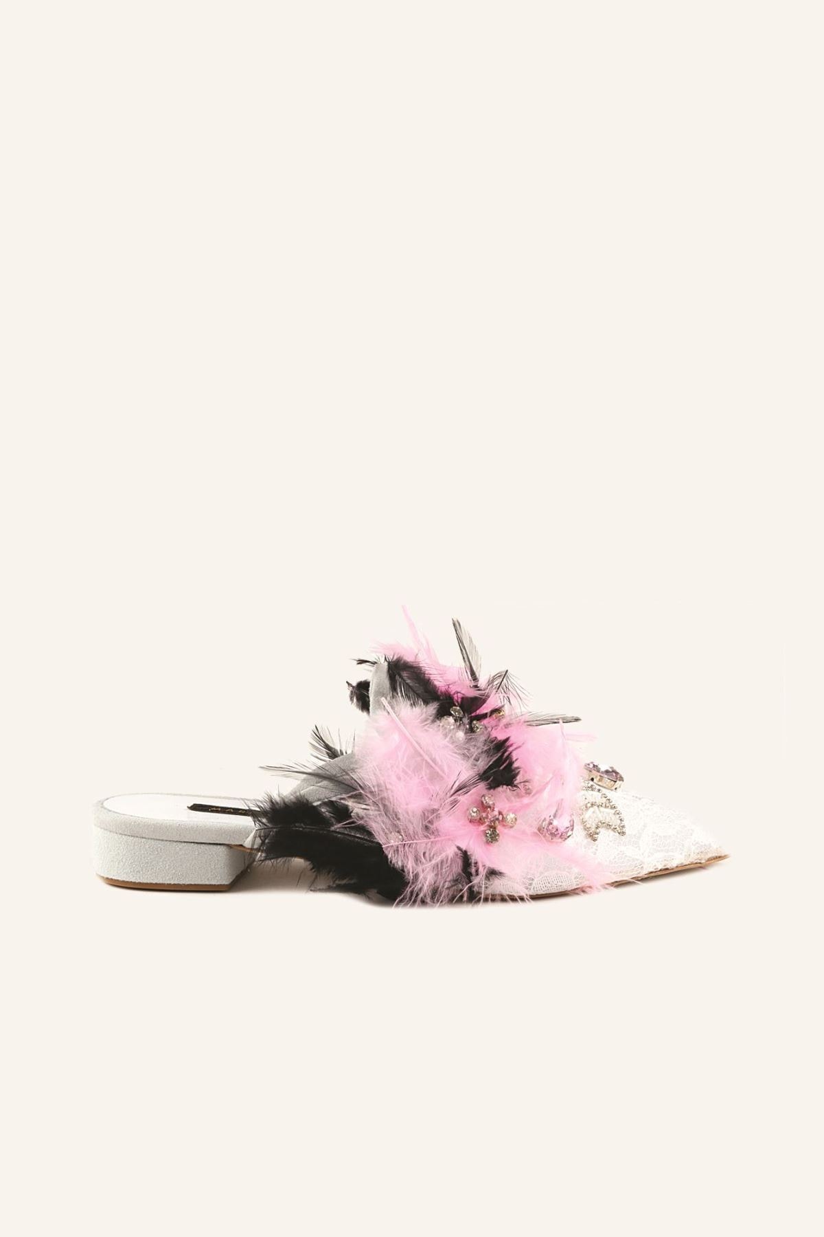 MARCATELLI Beyaz Dantel Özel Tasarım Tüylü Deri Terlik