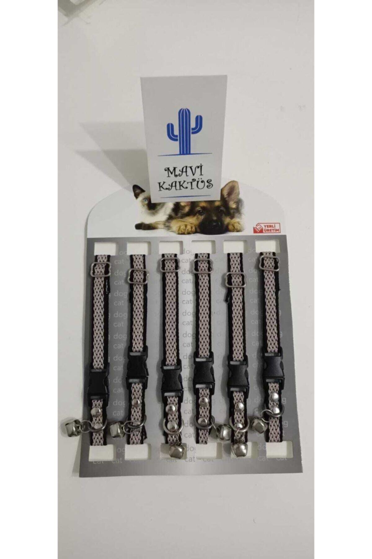Mavi Kaktüs Zilli Ayarlanabilir Kedi Tasması Çoklu Paket 6'lı Paket Gri