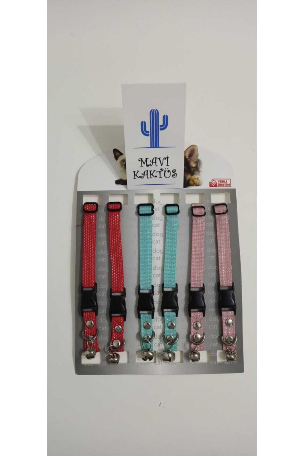 Mavi Kaktüs Zilli Ayarlanabilir Kedi Tasması Çoklu Paket 6'lı Paket