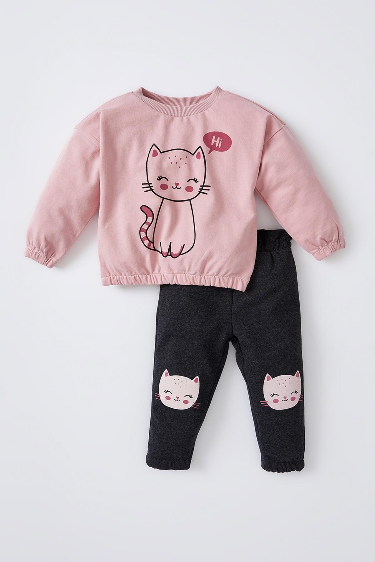 DeFacto Kız Bebek Regular Fit Kedi Baskılı Uzun Kollu 2 Li Takım