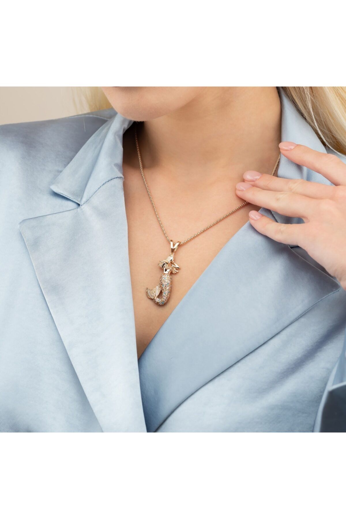 ELEF JEWELLERY Taşlı Deniz Kızı Figürlü 14 Ayar Altın Tarz Kolye