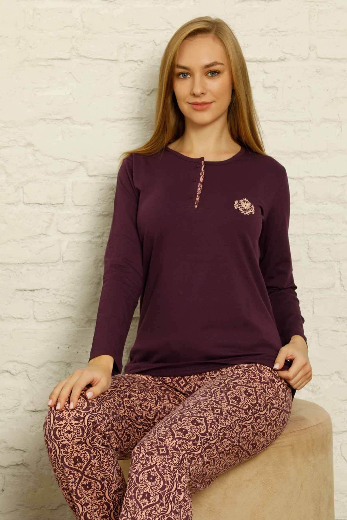 My Fashion World Nakışlı Likralı Mürdüm Kadın Pijama Takımı