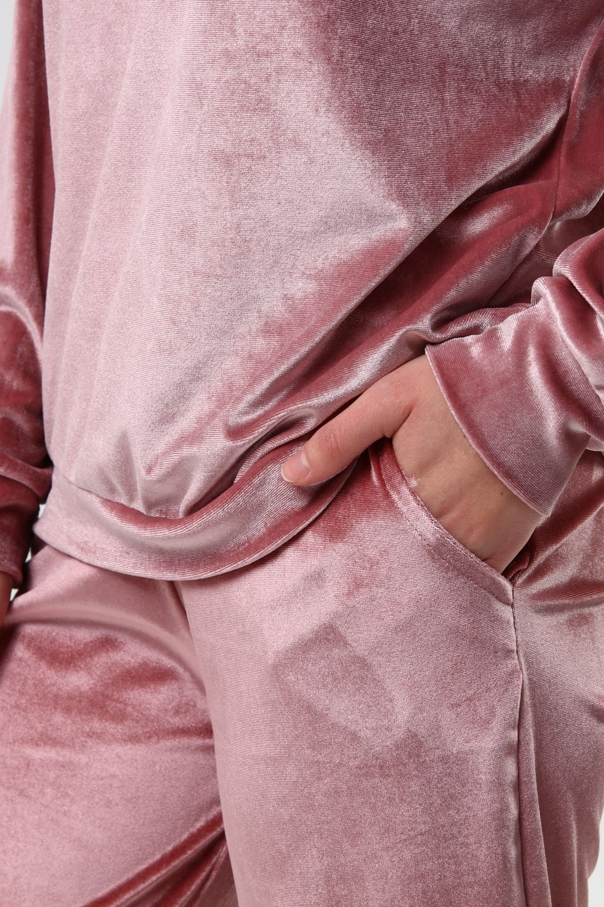 kmal Pink Women s Elastic Waist Velvet Crew Neck Suit Trendyol