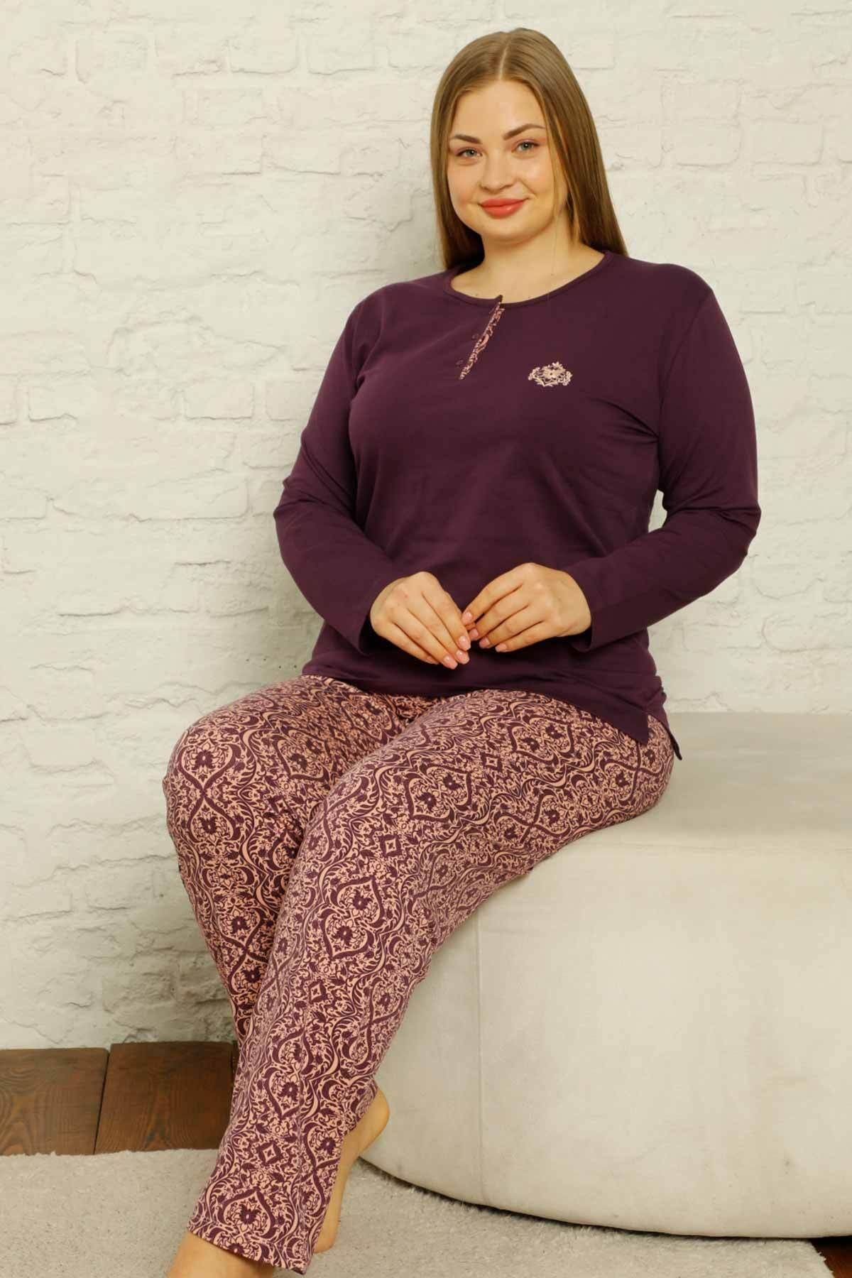 My Fashion World Büyük Beden Mürdüm Likralı Kadın Pijama Takımı