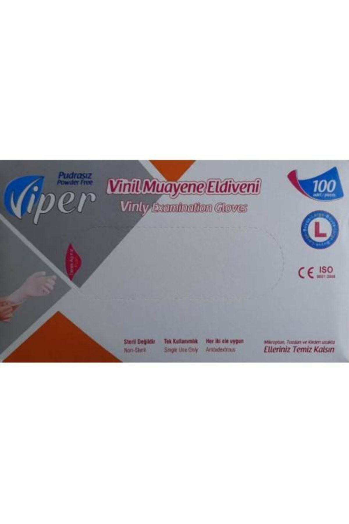VİPER Vinil Muayne Eldiveni..beyaz Pudrasız. L Beden.büyük Boy.1 Paket 100 Adet.