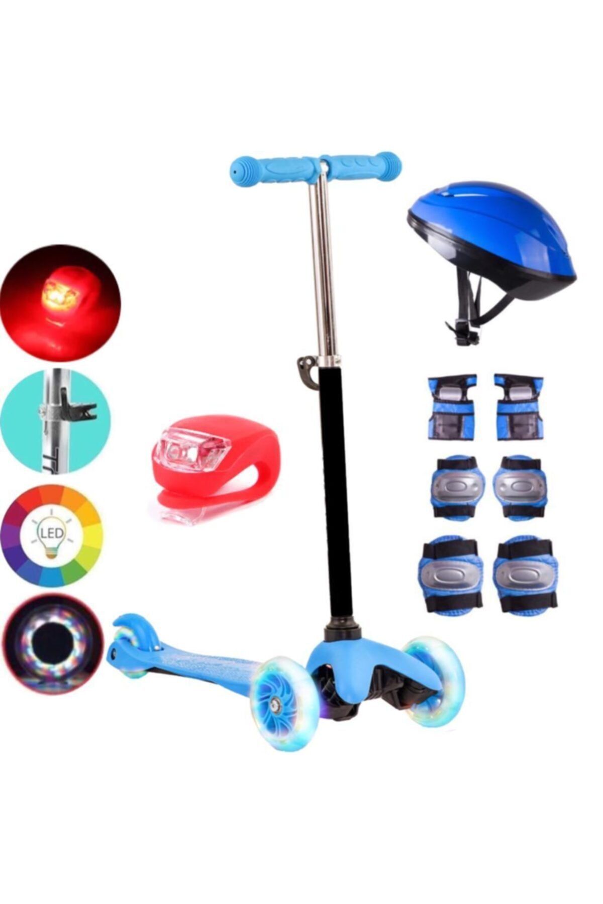 Depomiks Avm 3 Tekerlekli Frenli Led Işıklı Boy Ayarlı Mavi Scooter Kask Dizlik Set Çakar Işık Led