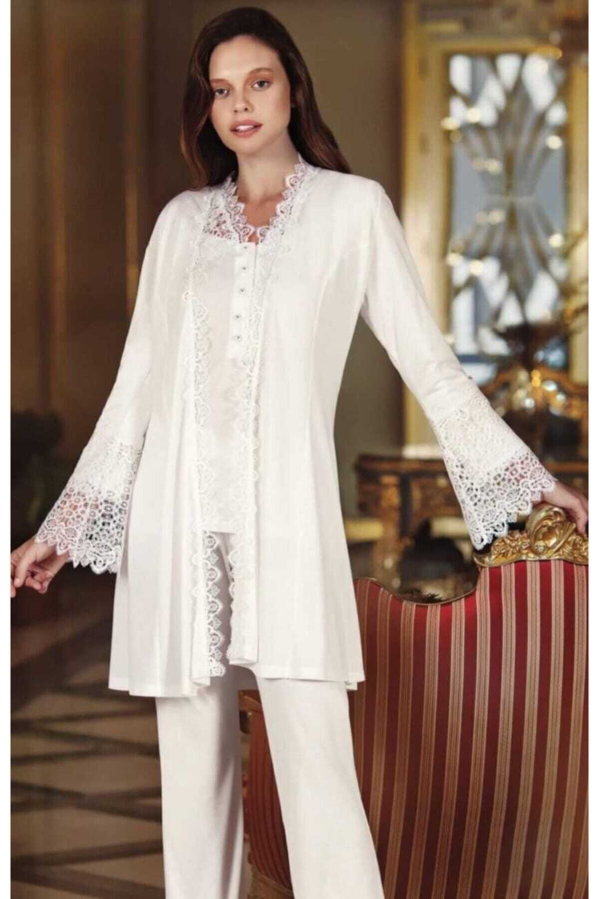 PERİN Kadın Ekru Dantelli Pijama Takımı