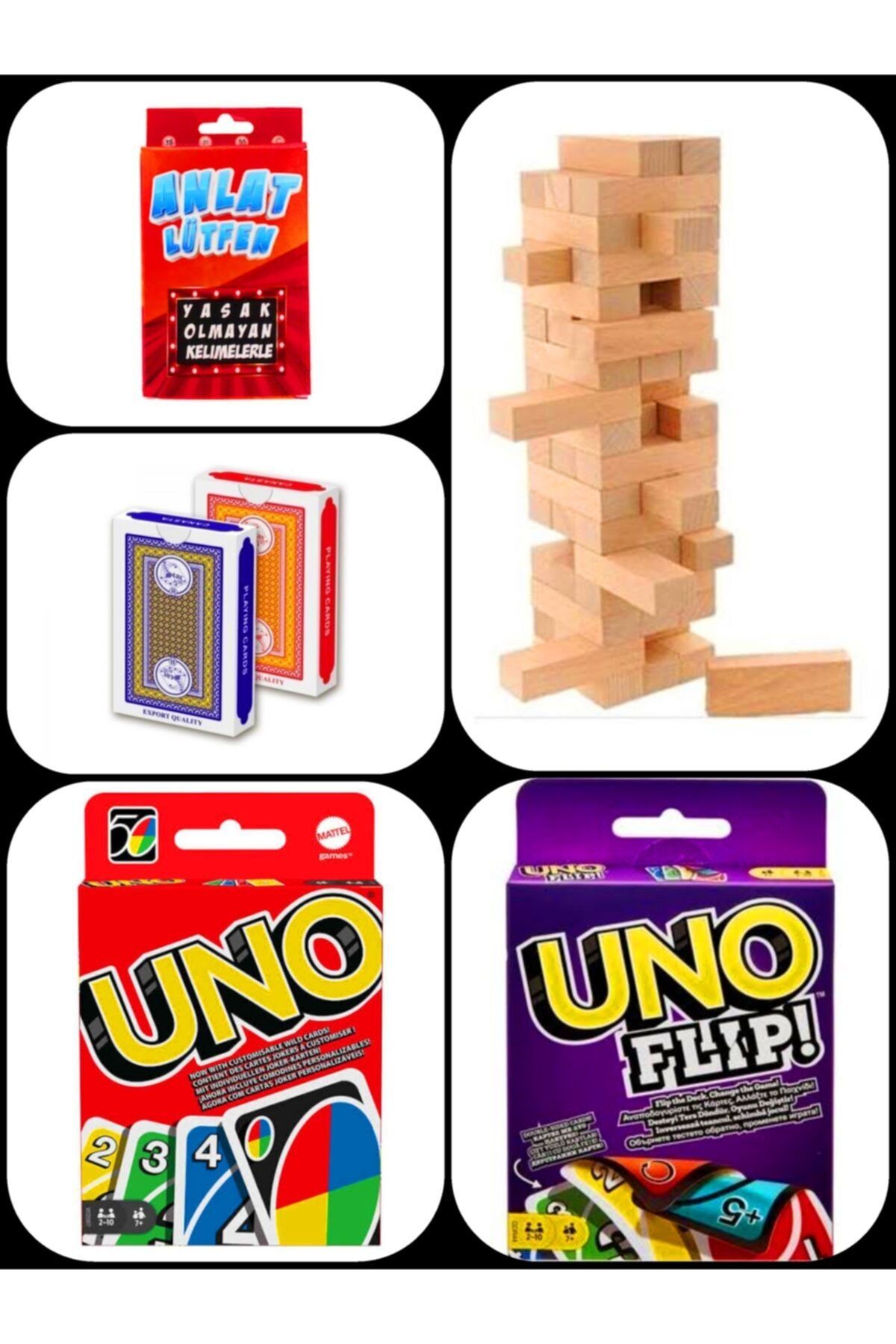 SLV Jenga Kule Denge Oyunu + Uno + Uno Flıp + Anlat Lütfen + 2 Adet Iskambil Poker Kağıdı