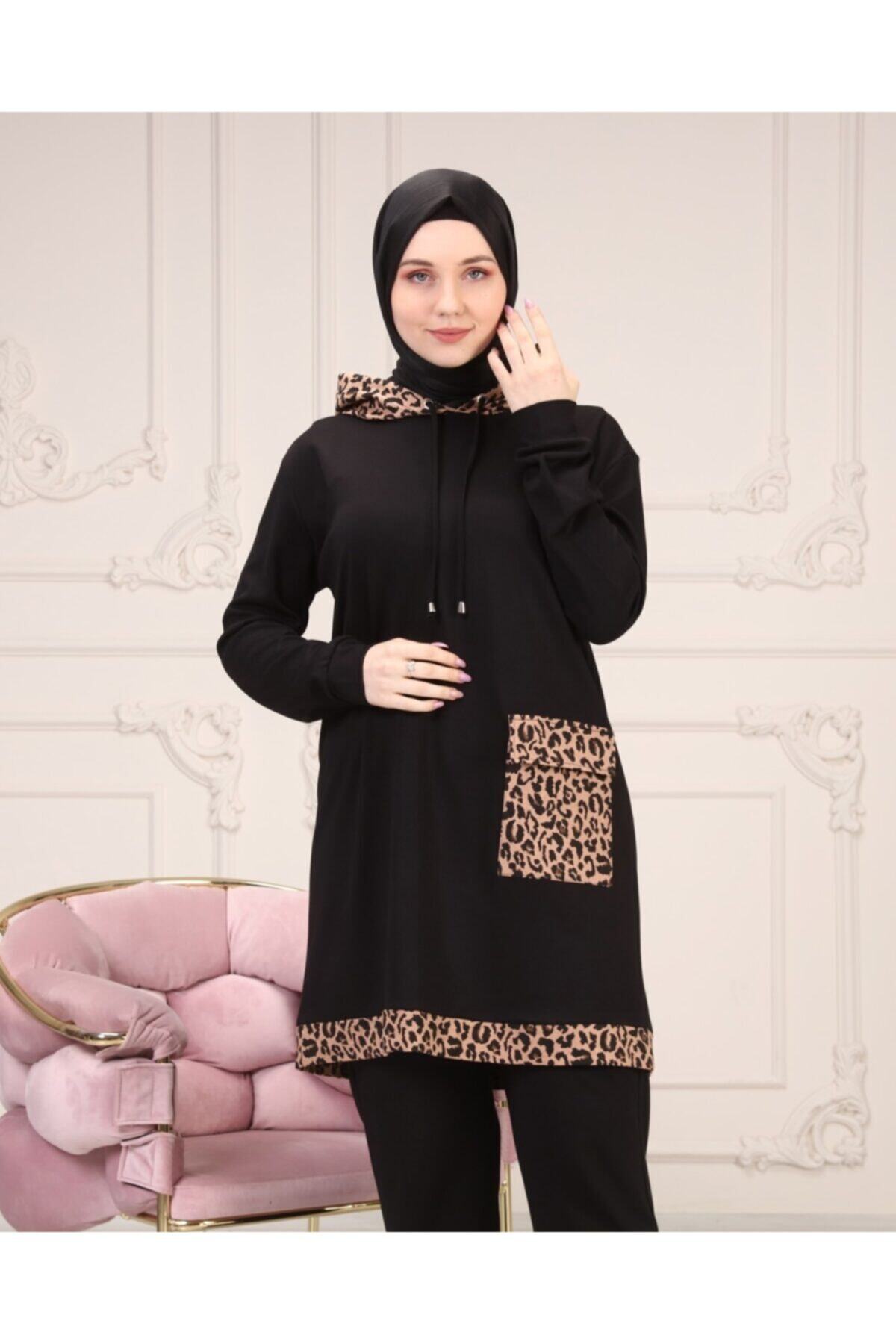 Elele Siyah Leopar Desenli Kapşonlu Sweatshirt
