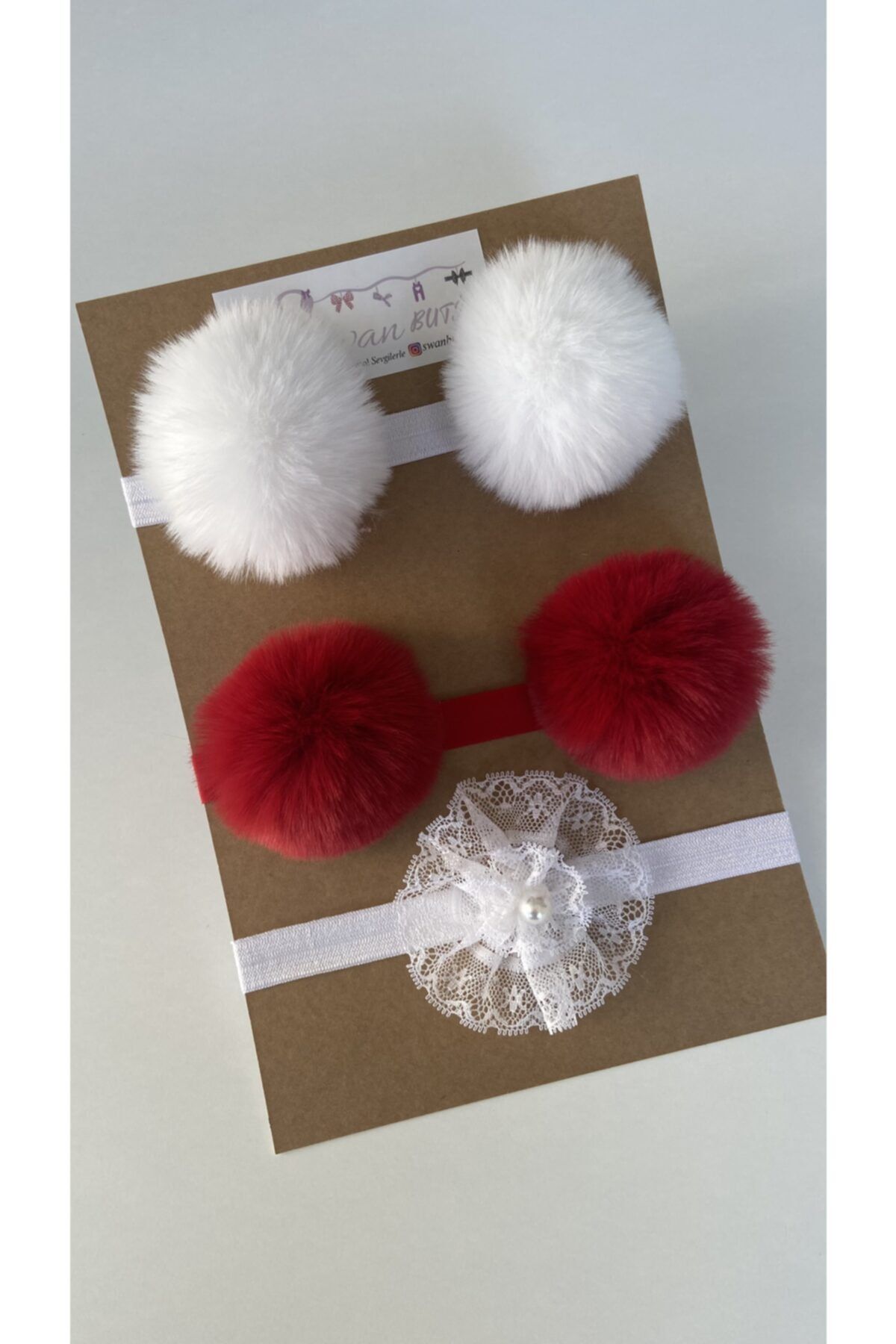 swan butik Kız Bebek Çocuk Bandana Toka Seti Beyaz Dantel, Kırmızı Beyaz Peluş Ponpon Bandana