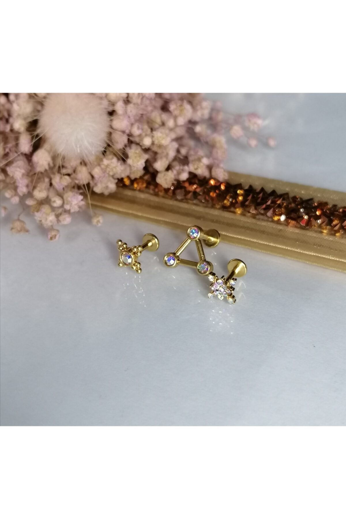 TAKIDAN Zirkon Taşlı Toplu, Üçgen Taşlı, Kuzey Yıldızlı Taşlı Üçlü Kombin Cerrahi Çelik Piercing 6mm