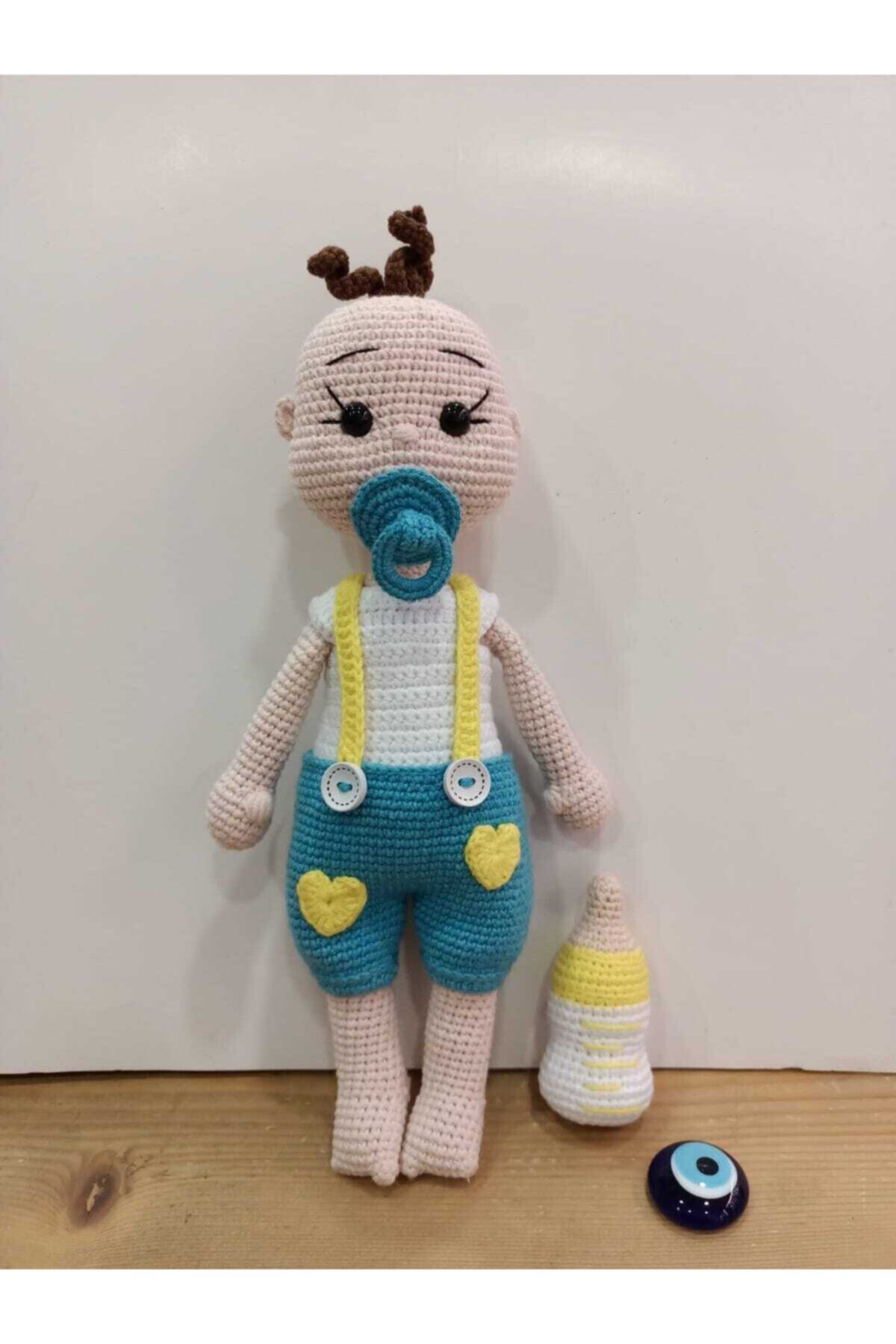 Mini Mini Ciciler Emziği Çıkabilen Biberonlu %100 Organik El Emeği 30 Cm Boyunda Amigurumi Erkek Bebek