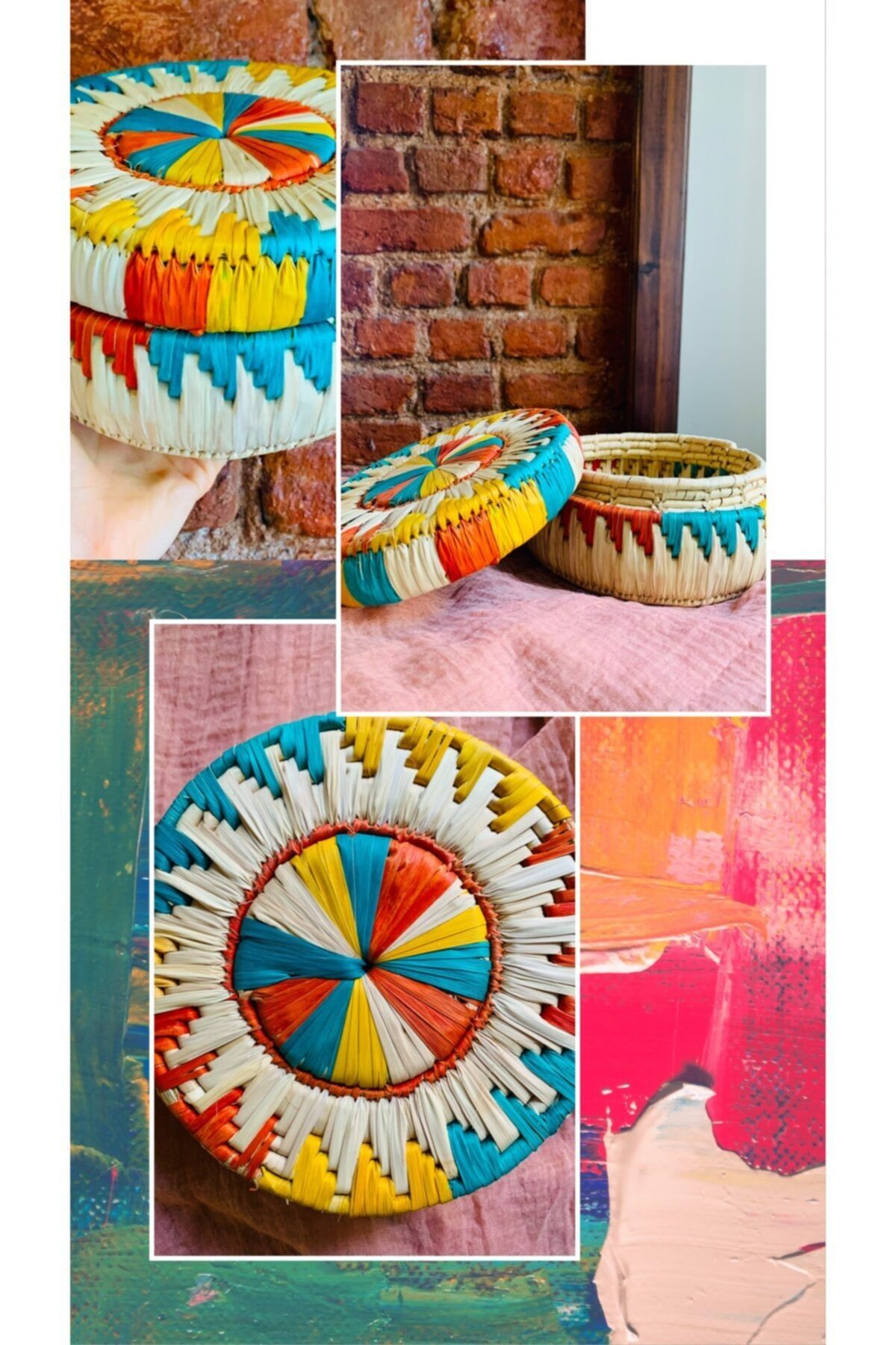 Bohem Shop El Örgüsü Hasır Gökkuşağı Afrika Etnik Bohem Kapaklı Rafya Dekoratif Kutu-bohemshop.com