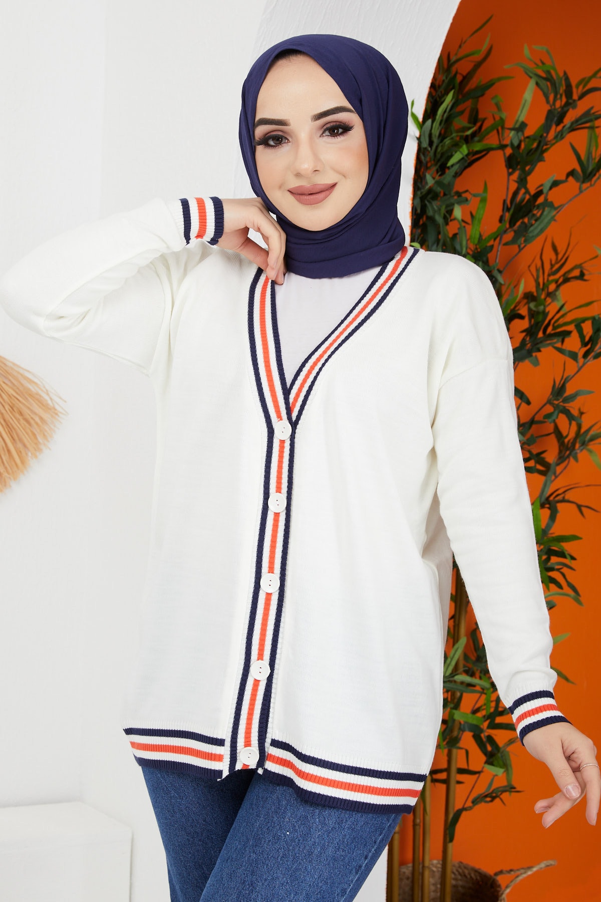 İmajButik Üç Renkli Triko Hırka-siyah/ekru/oranj