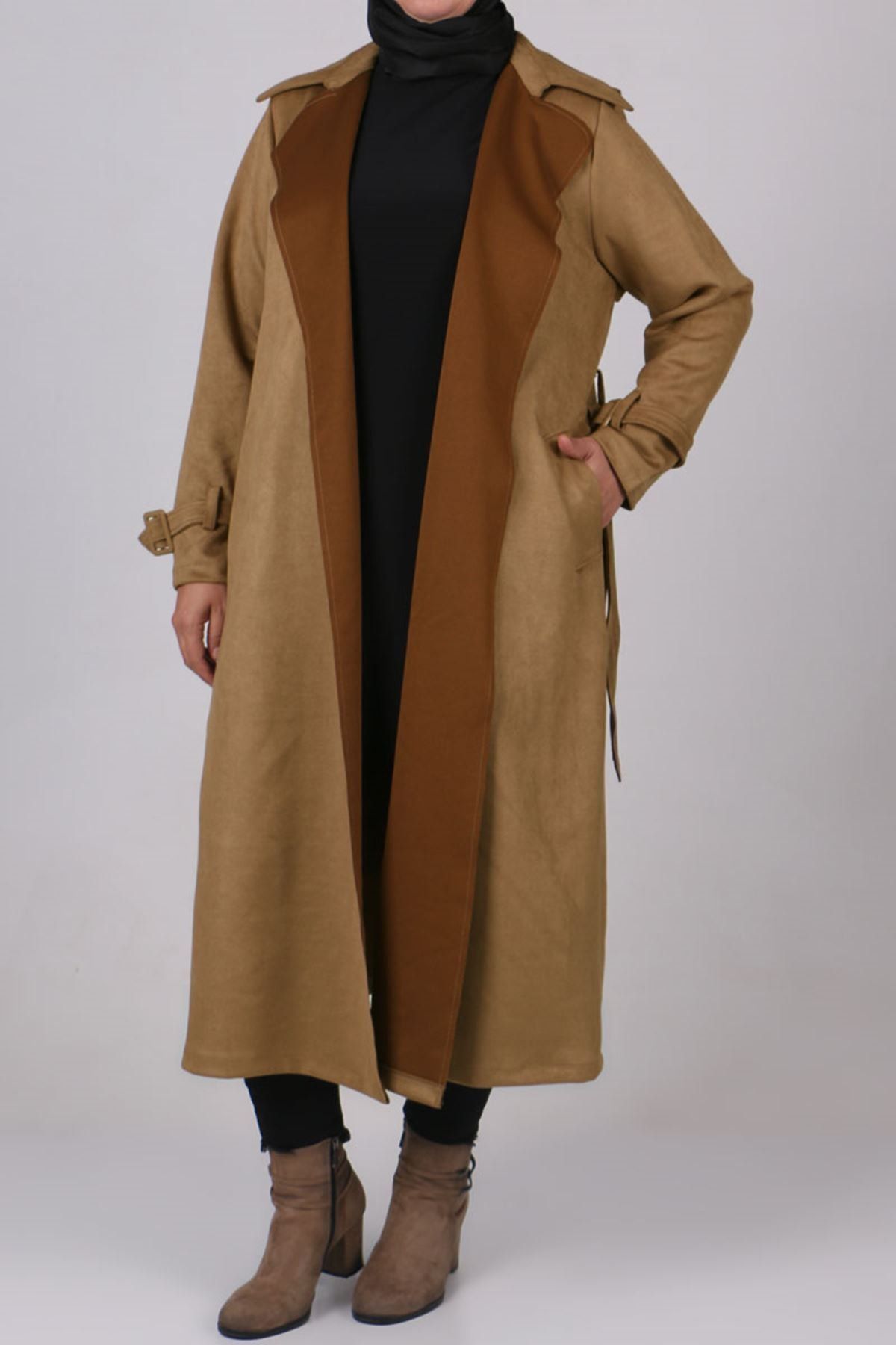 sehernurmoda 3174 Büyük Beden Nubuk Trençkot - Vizon