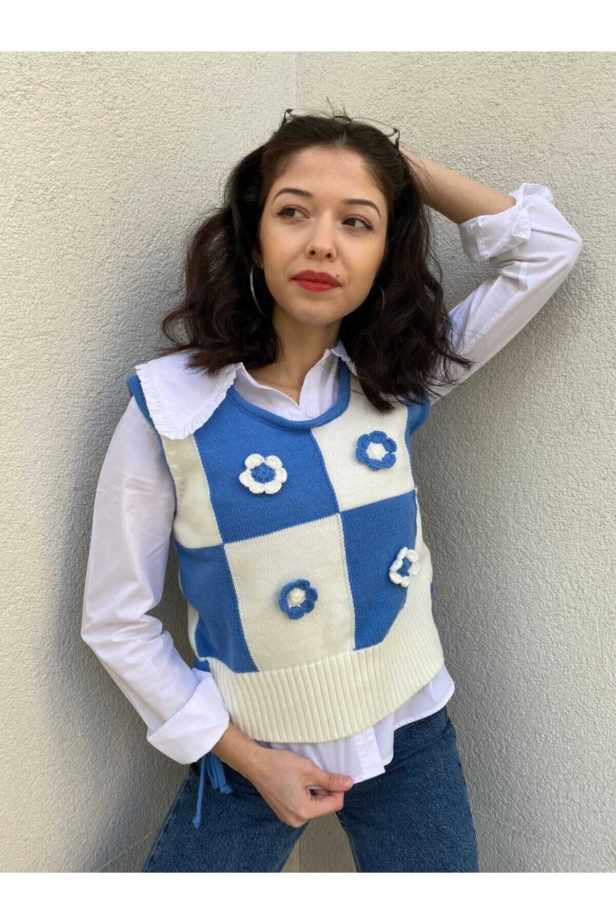 Le Calin Çiçekli Mavi Beyaz Süveter