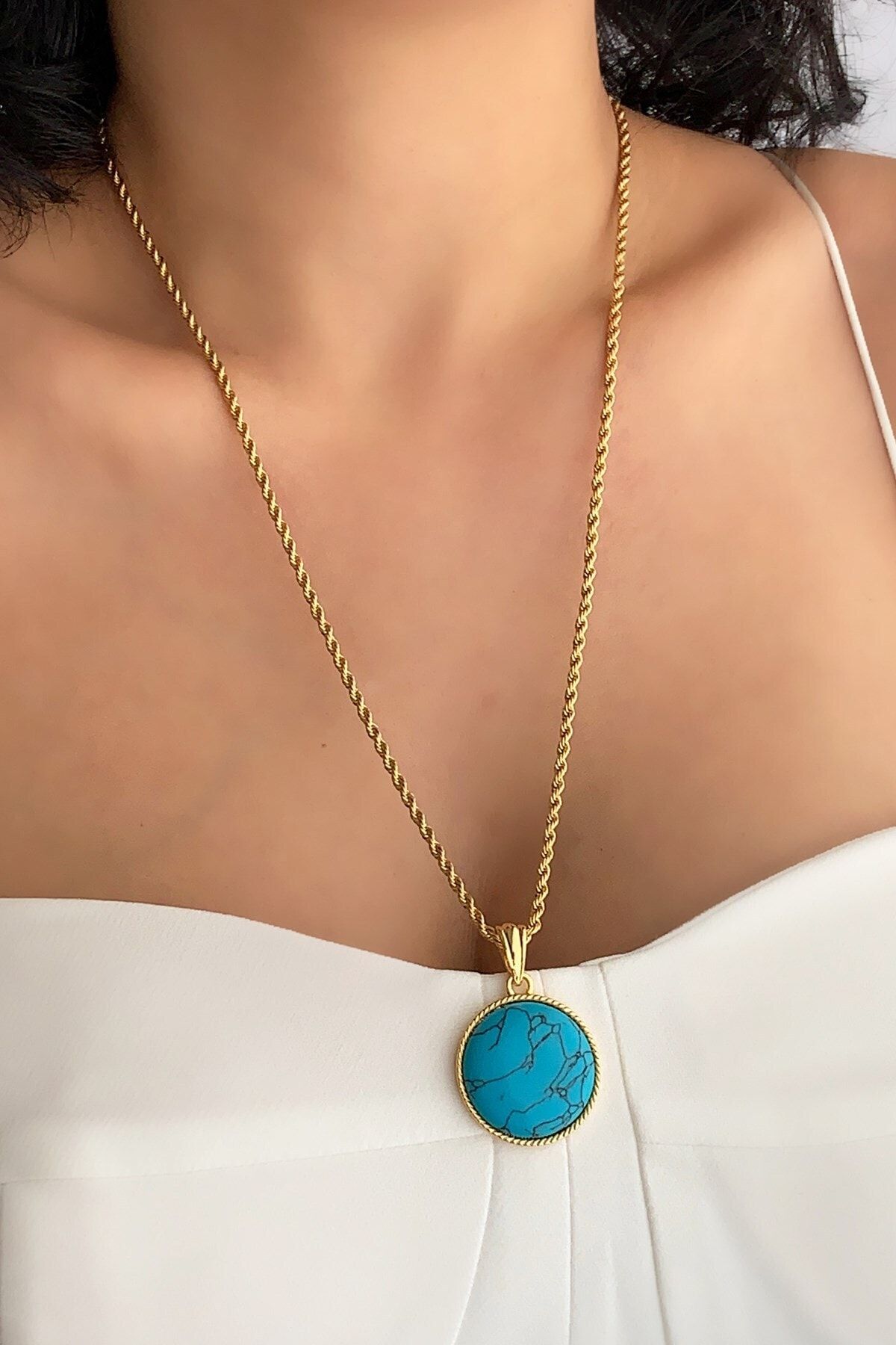 Çlk Accessories Özel Seri Yuvarlak Taşlı Firuze Kolye Trkolye5839 B310003