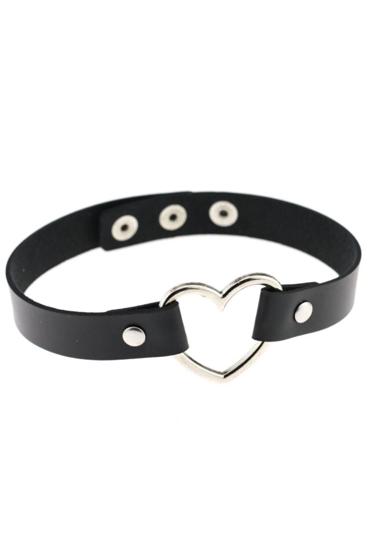 Kirpi Kadın Kalp Detay Deri Choker Tasma Kolye