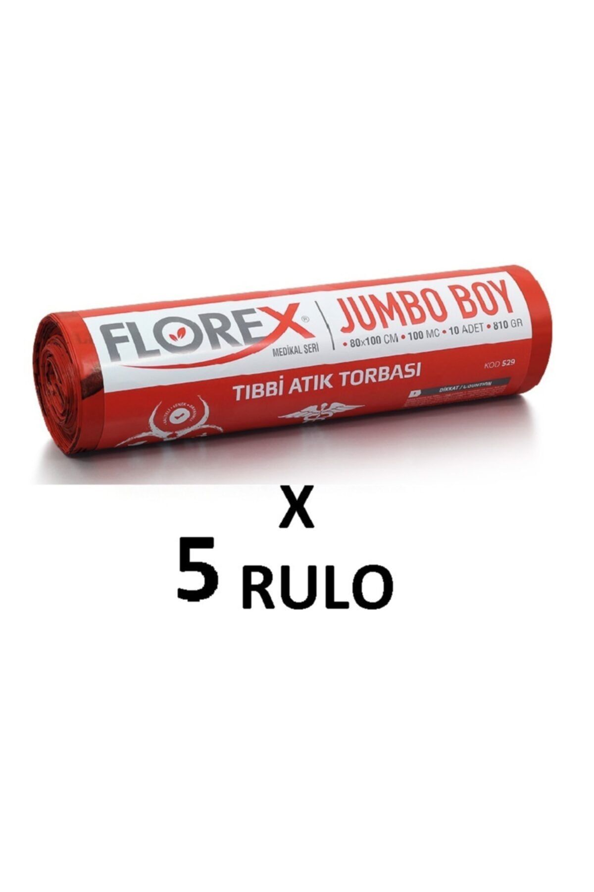 coverest Florex Tıbbi Atık Baskılı Jumbo Boy ( 80x110 Cm ) Çöp Poşeti 5 Rulo 10*5=50 Adet