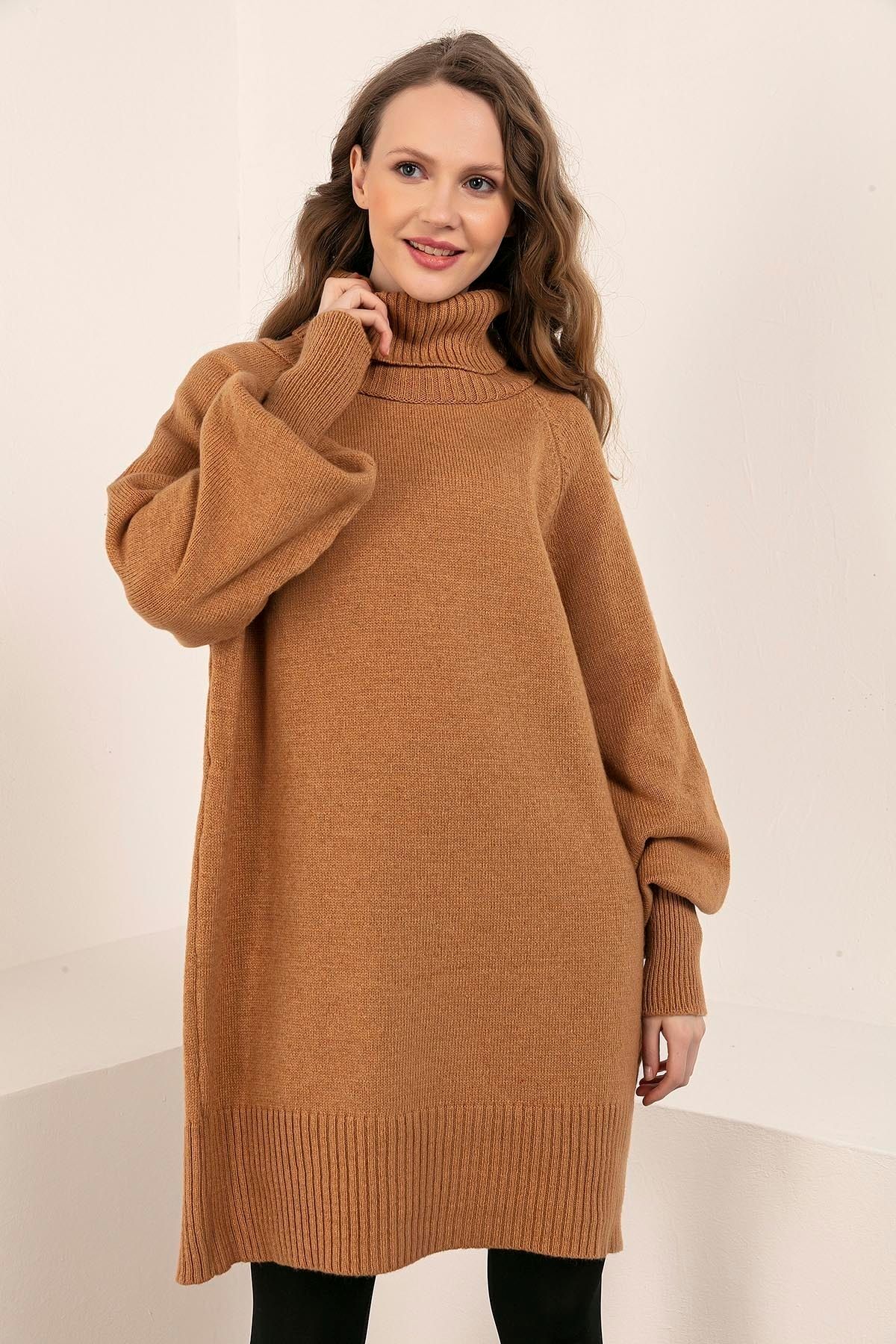 Kadın Modası Kadın Camel Balıkçı Yaka Balon Kol Ribanalı Triko Tunik