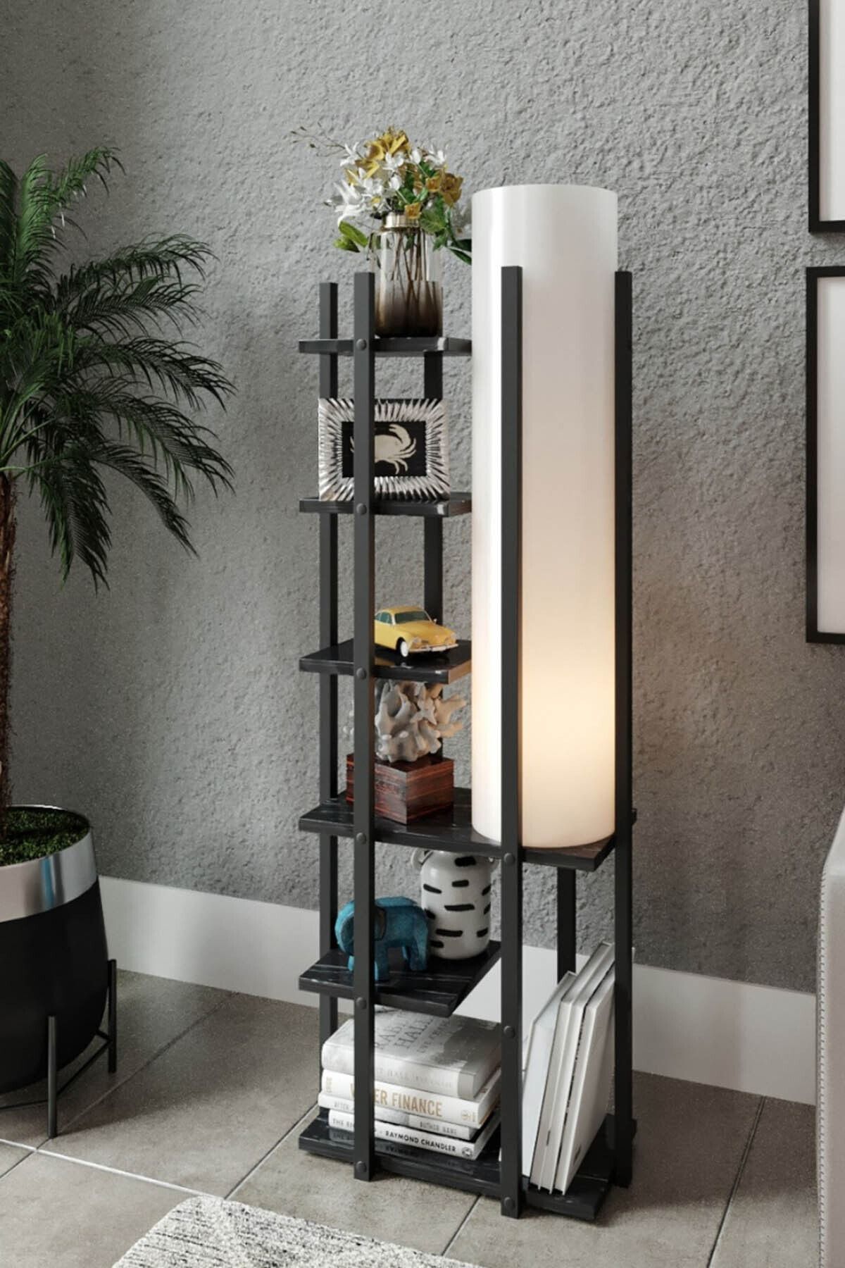 Else Halı Else Beyaz 6 Raflı Modern Lambaderli Aydınlatmalı Kitaplık Dekoratif Raf