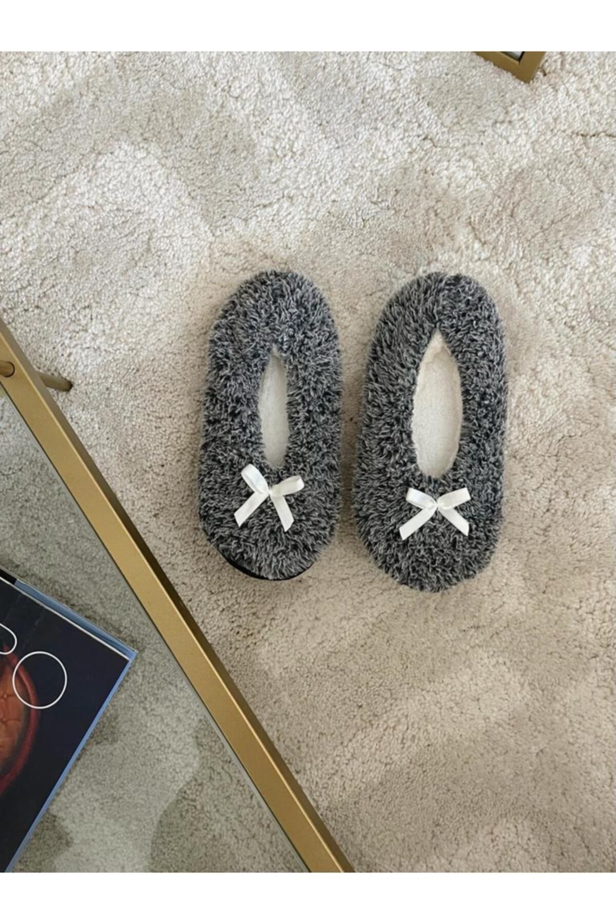 Eco Slip Slippers Gri Sessiz Taban Peluş Kadın Panduf