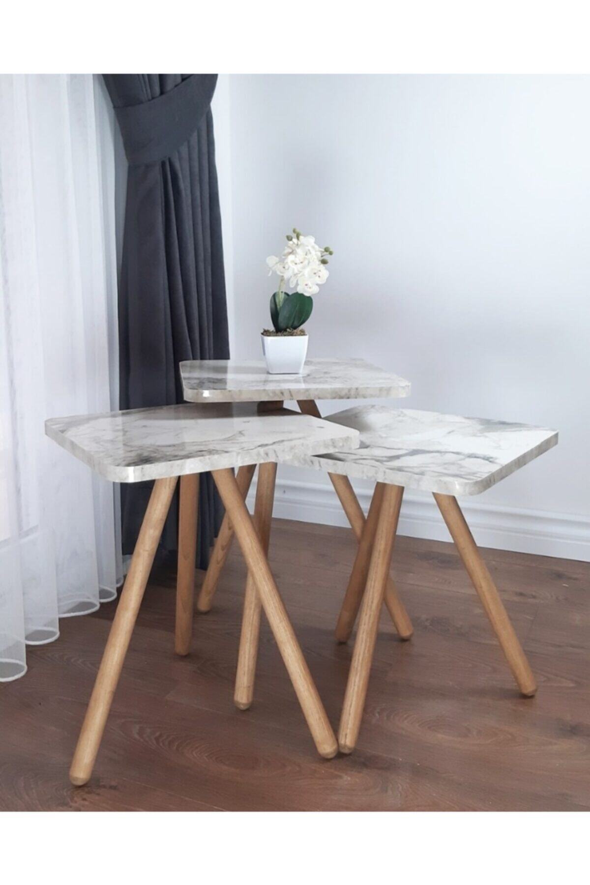 LİNDE HOME 3lü Zigon Beyaz Mermer Desen Ahşap Ayaklı