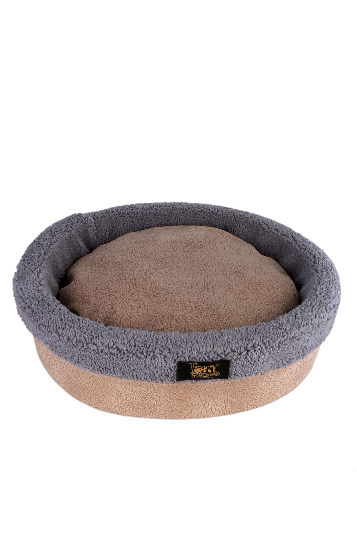 cathauses Kedi Köpek Yatağı, Yuvarlak Sünger Simit Yatak, Peluş Ve Lüks Koltuk Kumaşı, Koyu Bej-gri