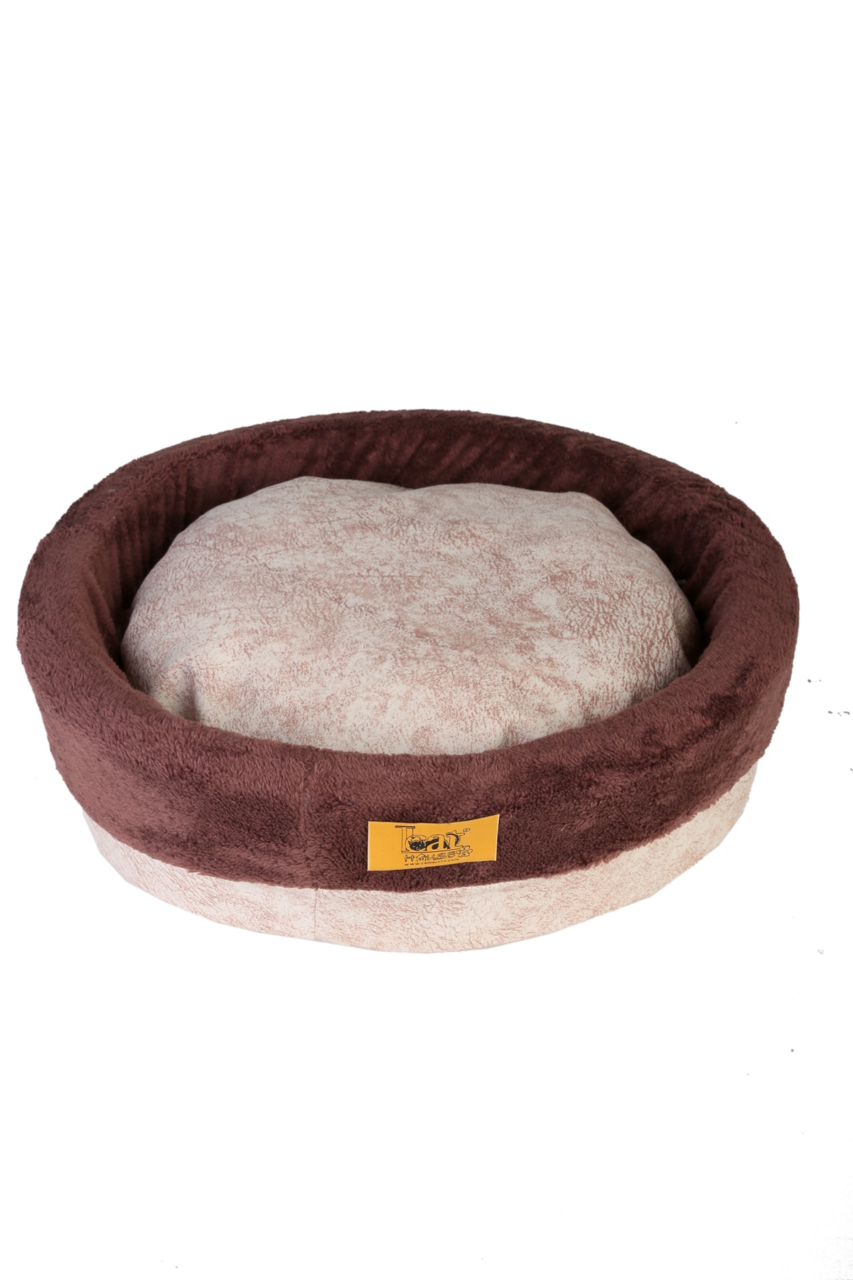 cathauses Kedi Köpek Yatağı, Yuvarlak Sünger Simit Yatak, Peluş Ve Lüks Koltuk Kumaşı, Krem-kahverengi