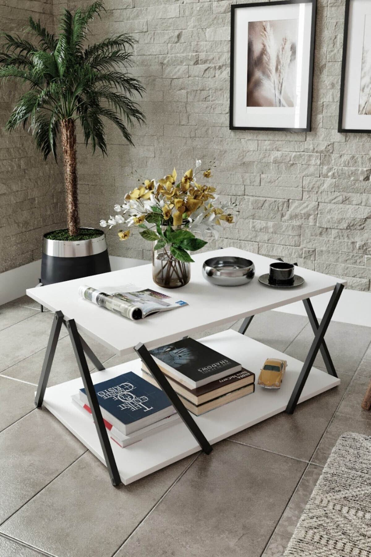 Else Halı Else Siyah Beyaz Dekoratif Modern Alt Raflı Ahşap Mdf Orta Sehpa