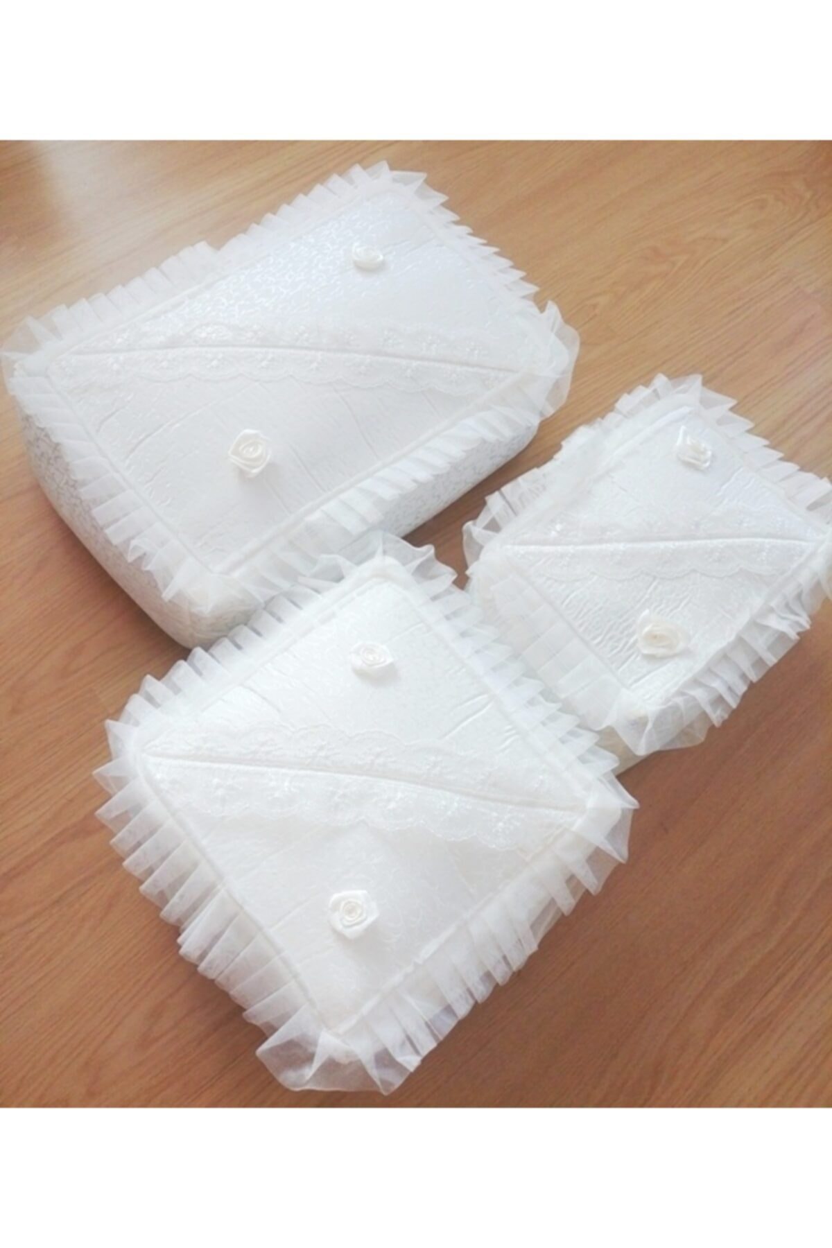 DİLEX ev tekstili 3'lü Hurç Set Çeyizlik Bohça Gelin Bohçası Damat Bohçası İğne Oyalı Kdk Ekru