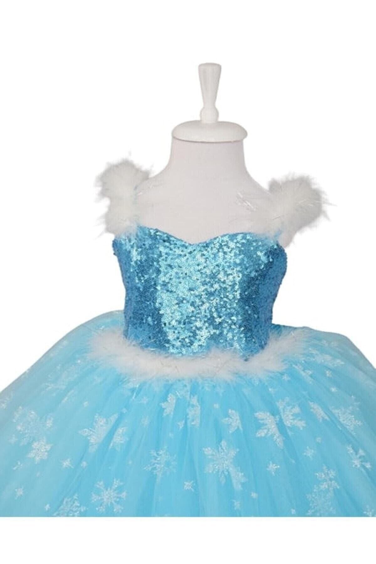 damdikids Elsa Kostümü - Kız Çocuk Elbise - Askılı Tarlatanlı - Taç Asa Eldiven Maske