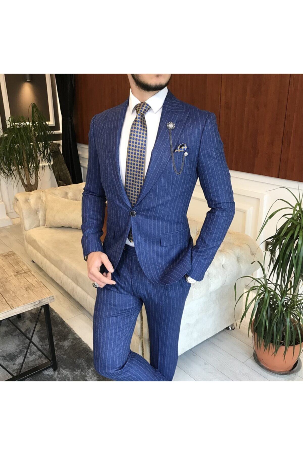 TerziAdemAltun İtalyan Stil Slim Fit Erkek Ceket Pantolon Takım Elbise Lacivert T6484