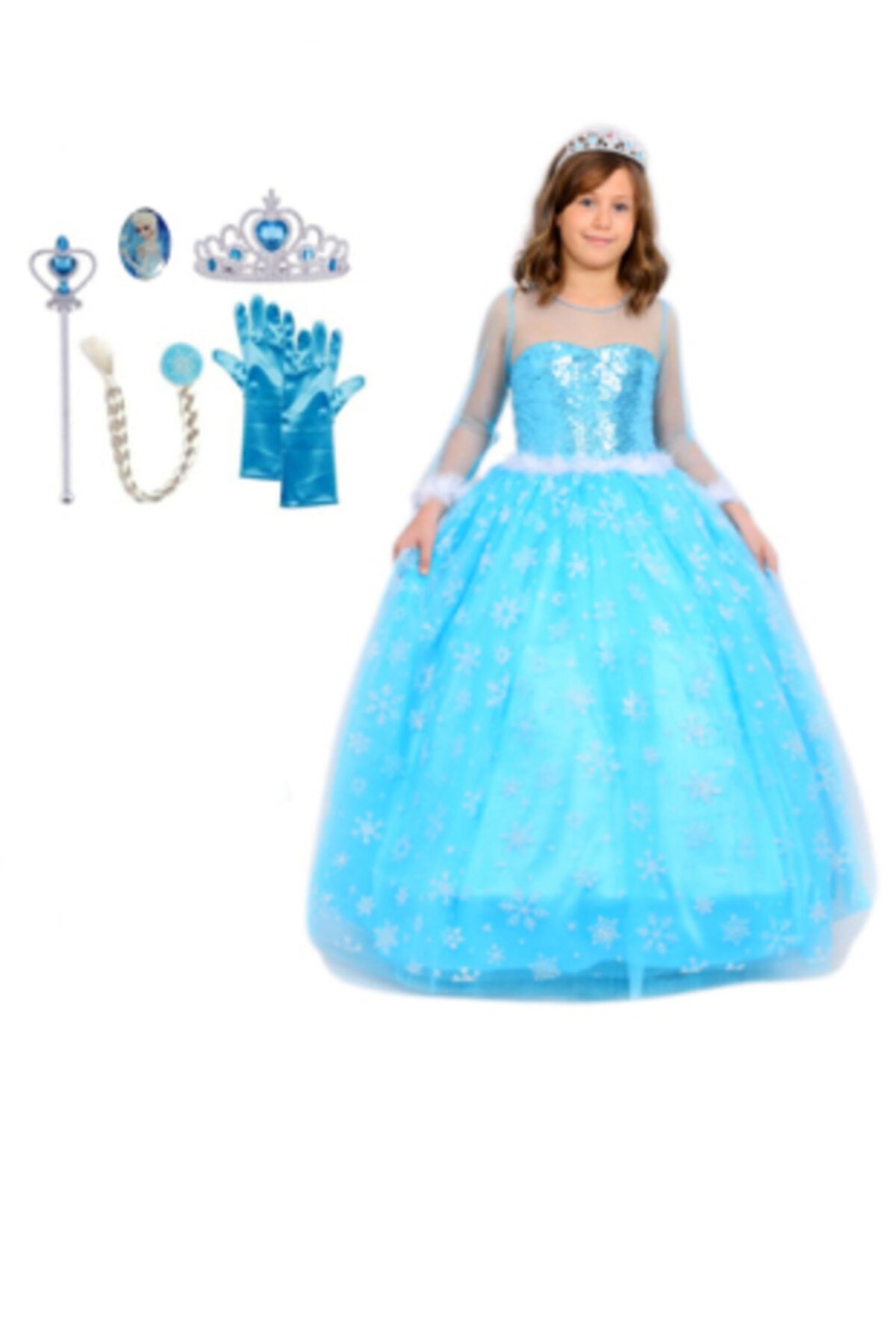 BUTİKHAPPYKİDS Kız Çocuk Mavi Simli Elsa  Uzun Kollu Tarlatanlı Elsa Kostümü 6lı Set