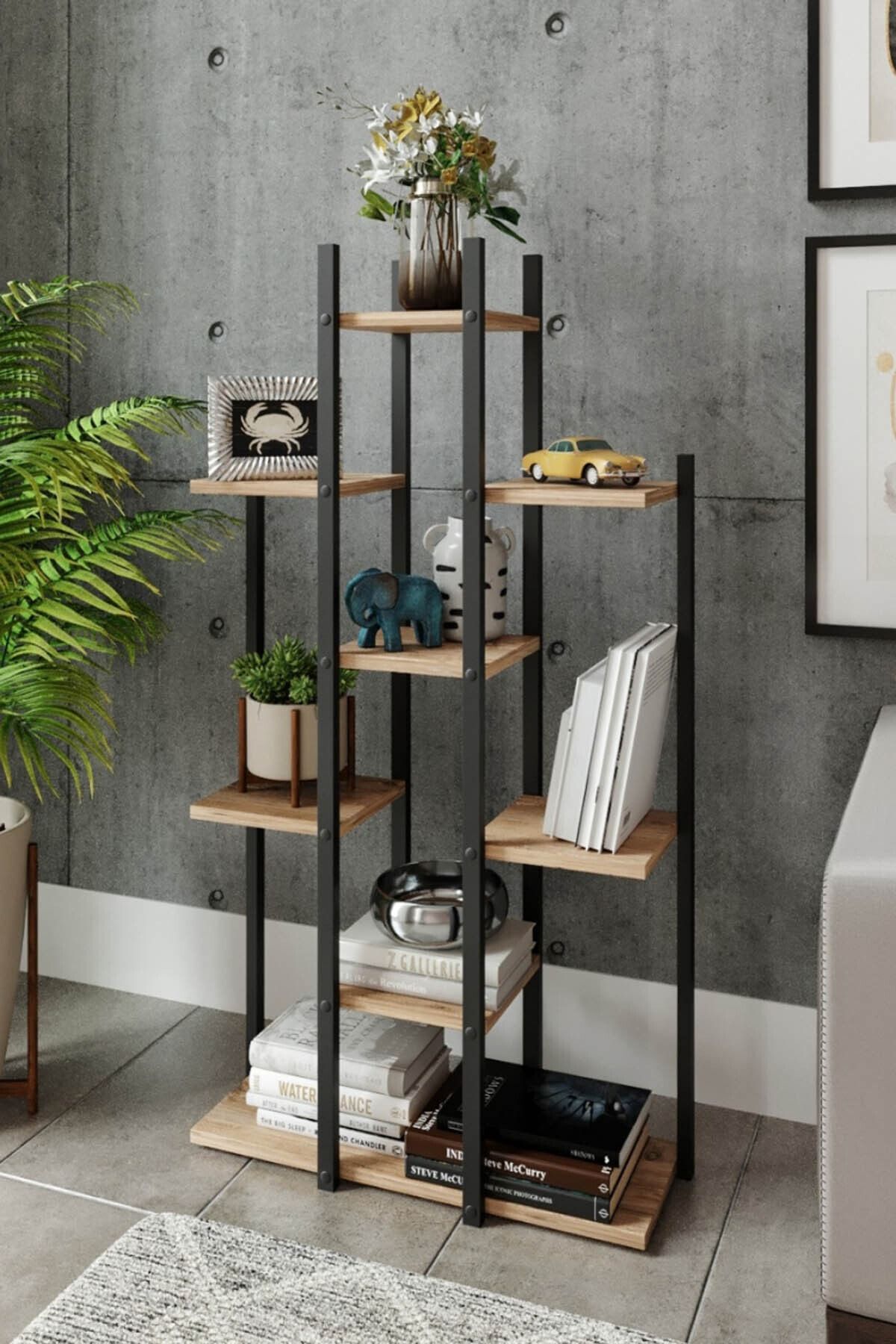 Else Halı Else Kahve Atlantik Çam 9 Bölmeli Raf Dekoratif Modern Ahşap Mdf Çarpaz Çiçeklik