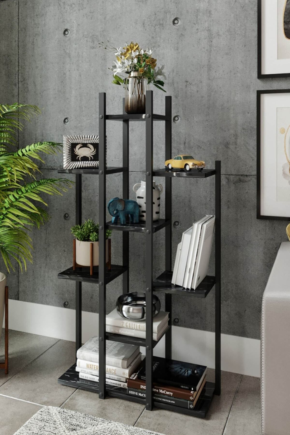 Else Halı Else Siyah 9 Bölmeli Raf Dekoratif Modern Ahşap Mdf Çarpaz Çiçeklik