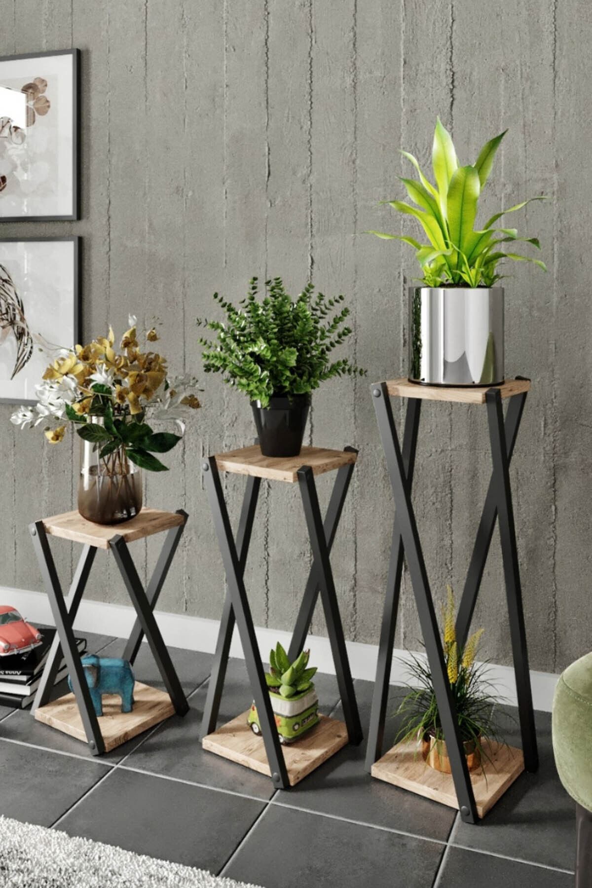 Else Halı Else Kahve Atlantik Çam Dekoratif Modern Ahşap Mdf Çarpaz 3 Lü Çiçeklik