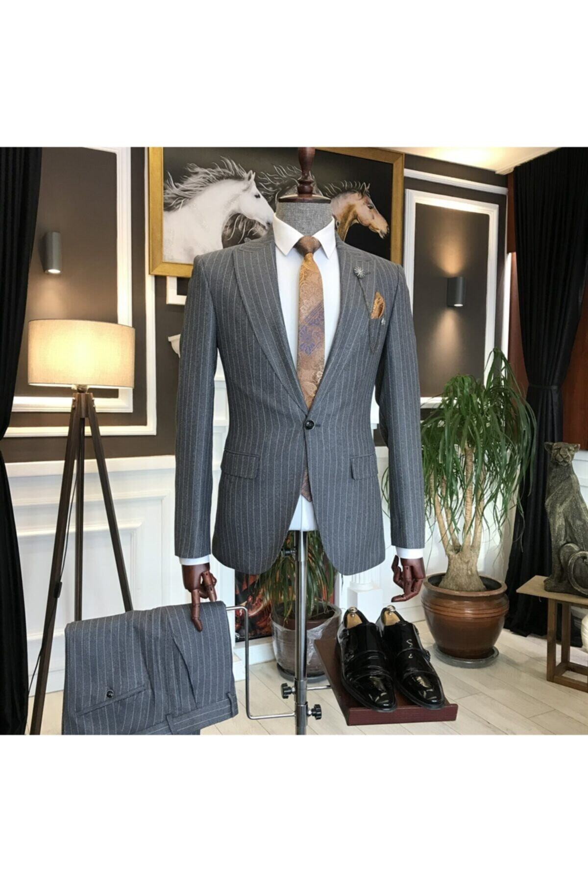 TerziAdemAltun İtalyan Stil Slim Fit Erkek Ceket Pantolon Takım Elbise Gri T6480
