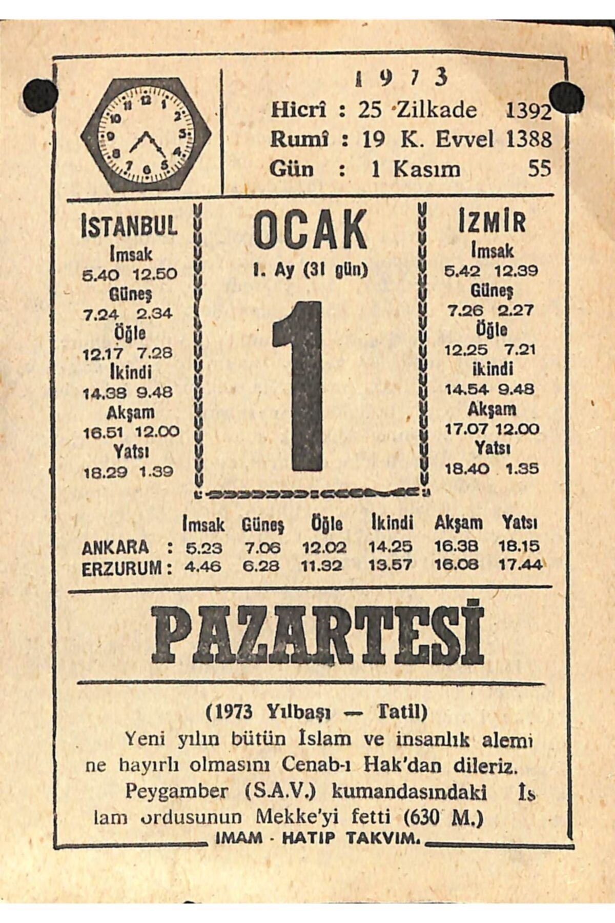 Gökçe Koleksiyon 1 Ocak 1973 Takvim Yaprağı - Doğum Günü Hediyesi