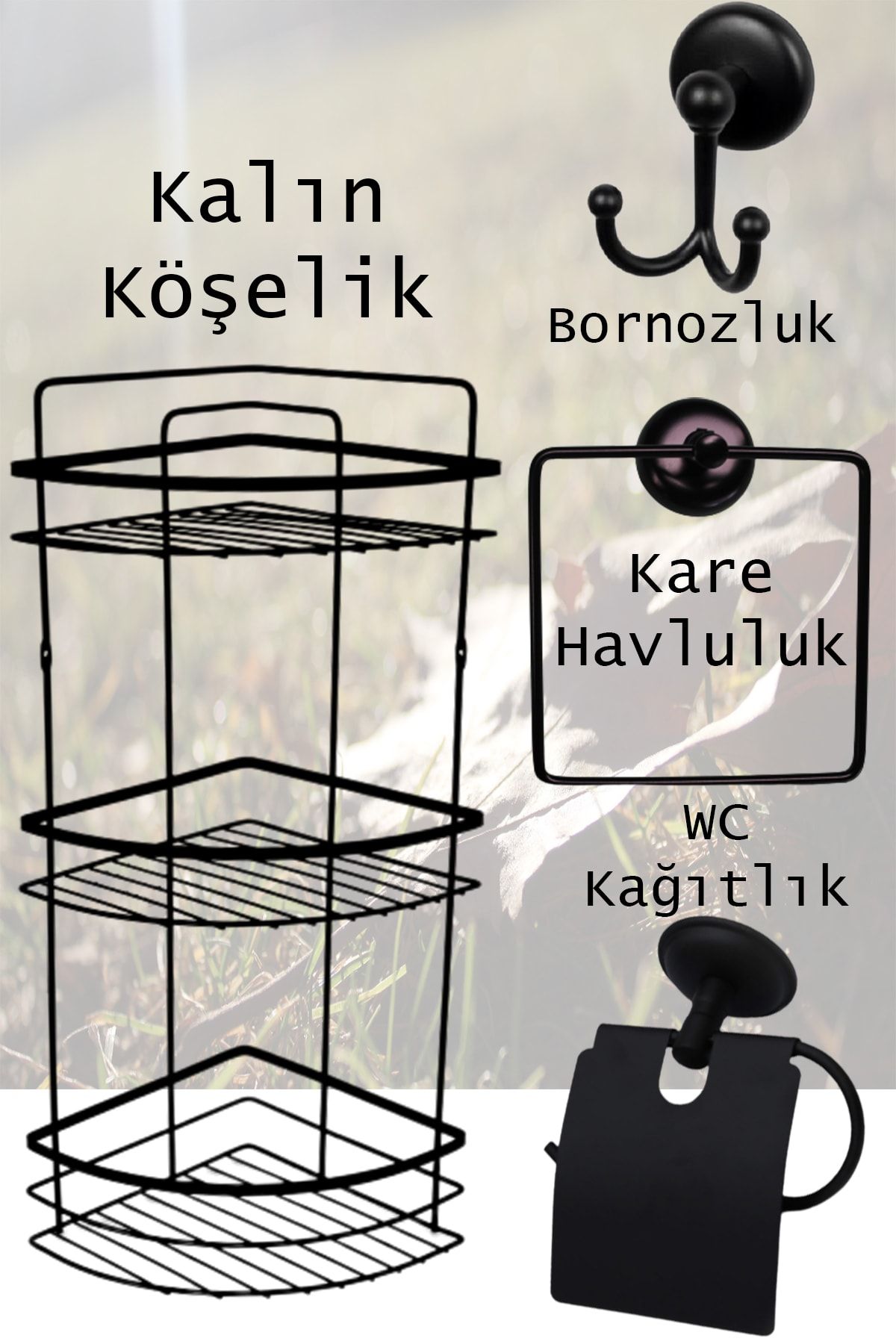 byconsmarkt Banyo Aksesuar Takımı Siyah Kalın Köşelik Kare Havluluk Bornozluk Wc Kağıtlık Tuvalet Kağıtlığı