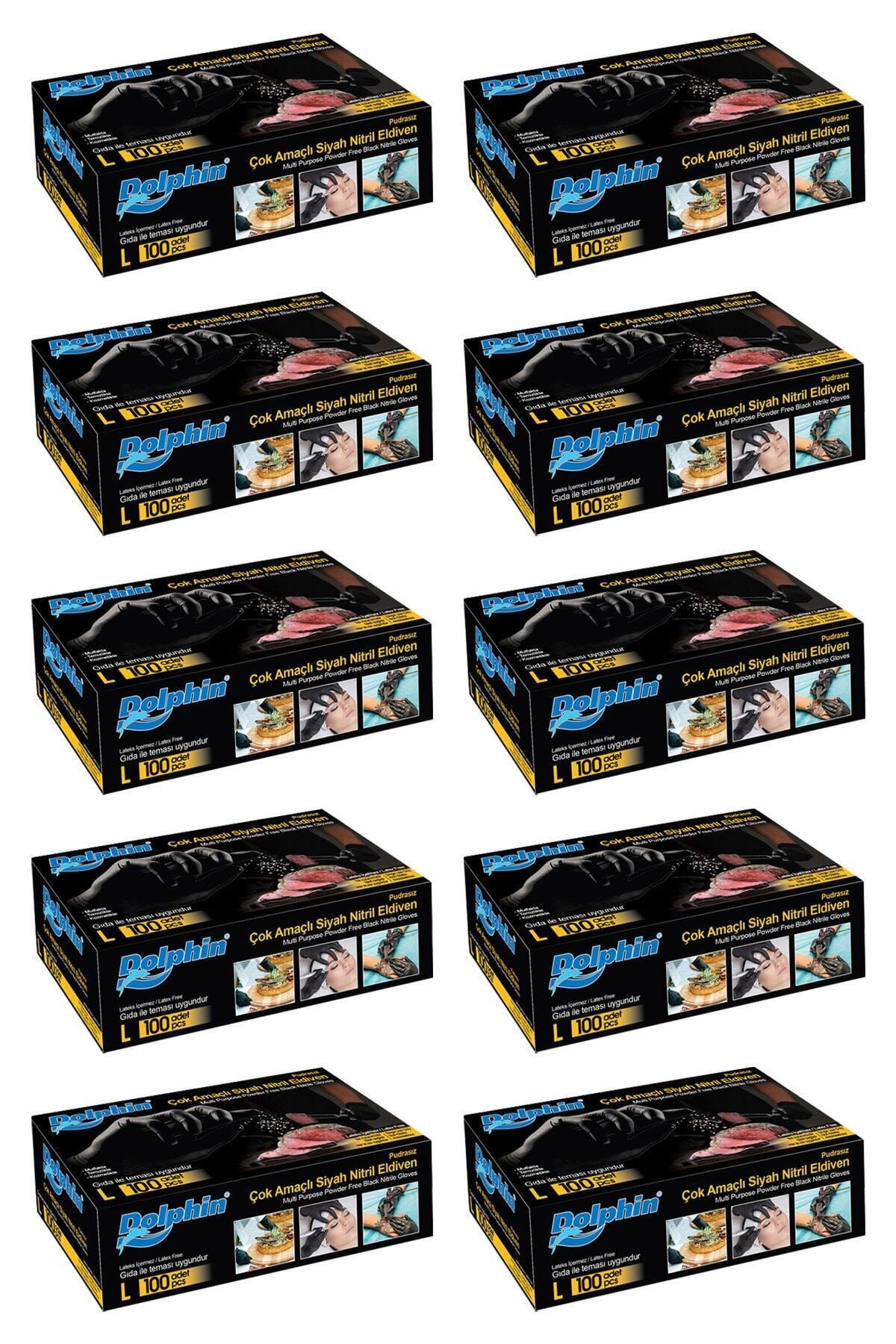 Dolphin Çok Amaçlı Siyah Nitril Eldiven (l) 100lü Paket 10 Adet (gıdaya Uygun)