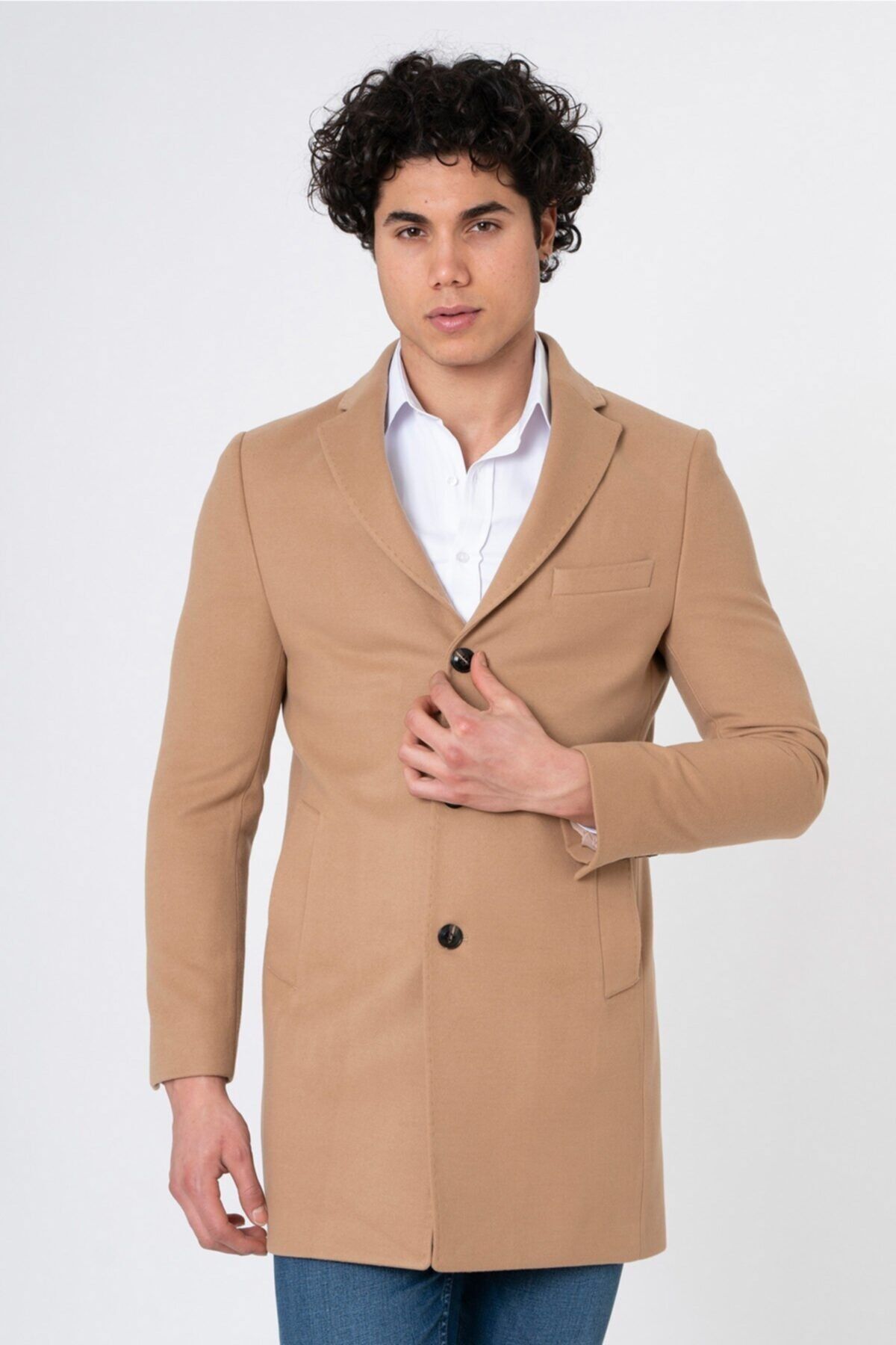 White Stone Brüksel Puntolu Slim Fit Palto Bej