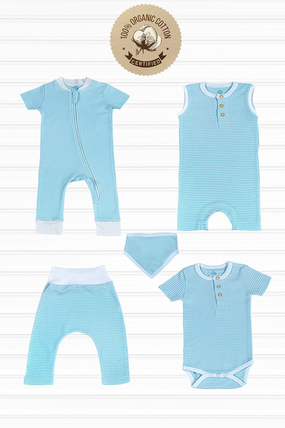 tinylamb Bebek Unisex Aqua Mix Set Organik Pamuk Şortlu Zıbınlı Body Pijama Bandana Seti